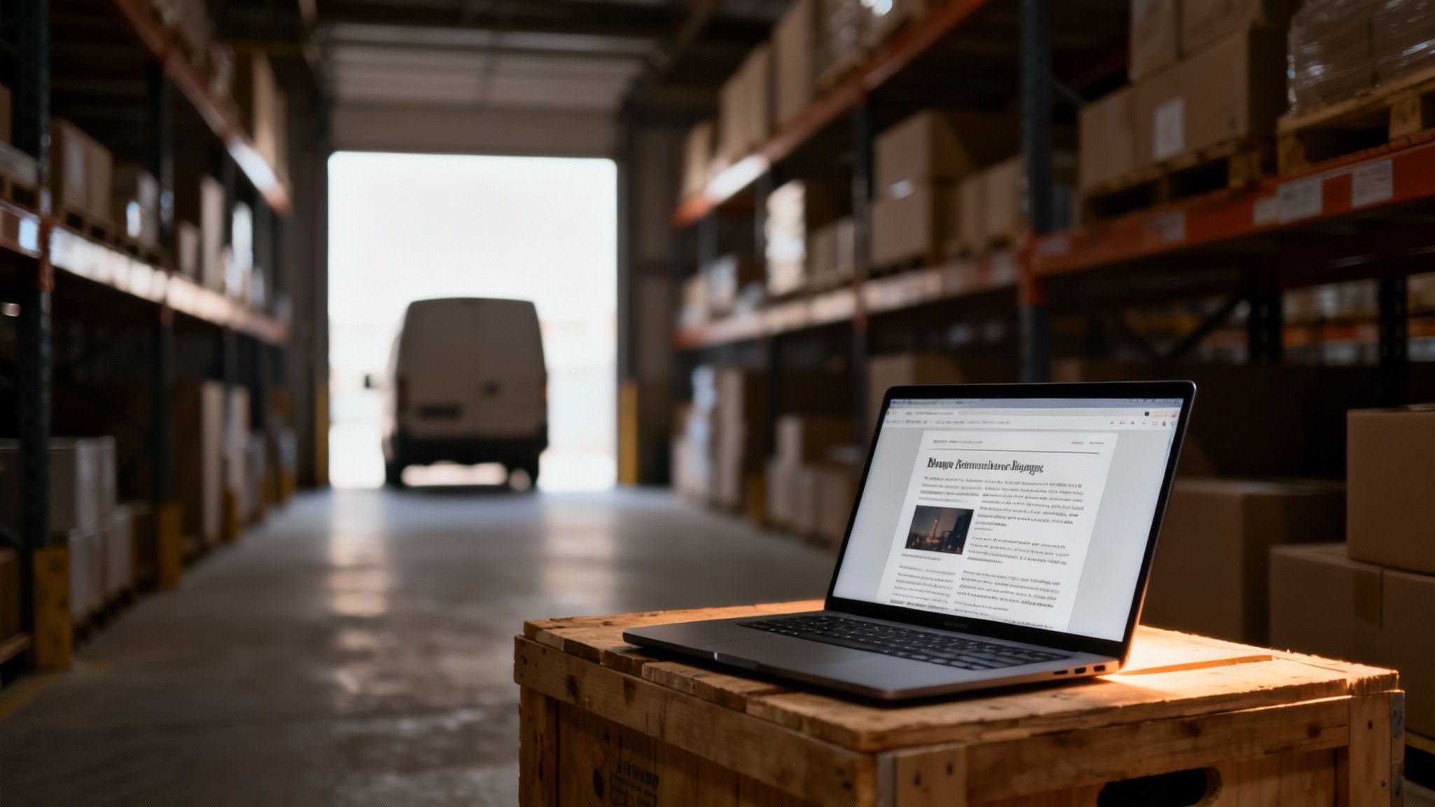 A laptop on a wooden crate in a warehouse with shelves, boxes, and a delivery van.