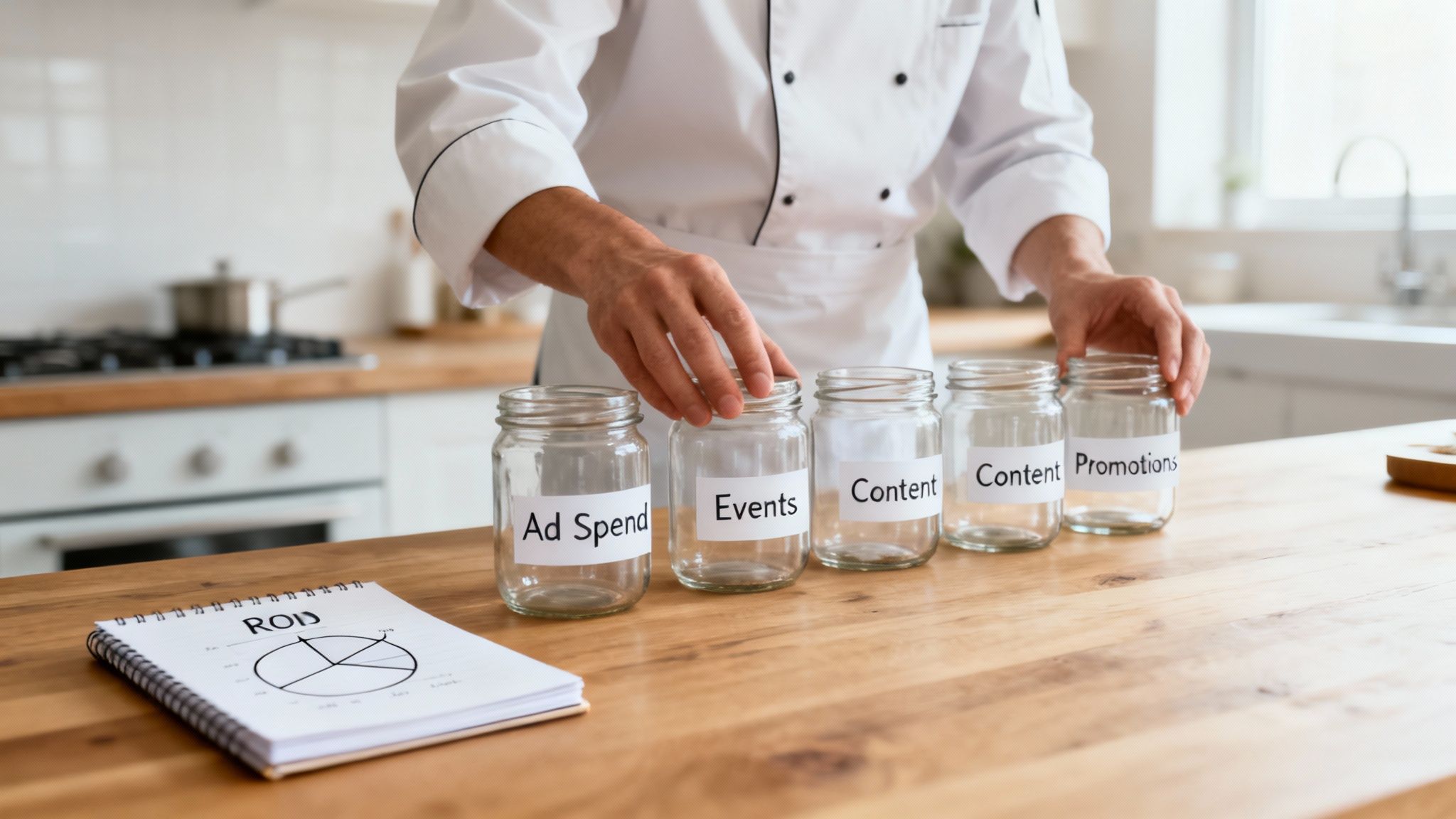 Chef arranging jars labeled 'Ad Spend', 'Events', 'Content', and 'Promotions' for marketing budget planning, with an ROI chart nearby.