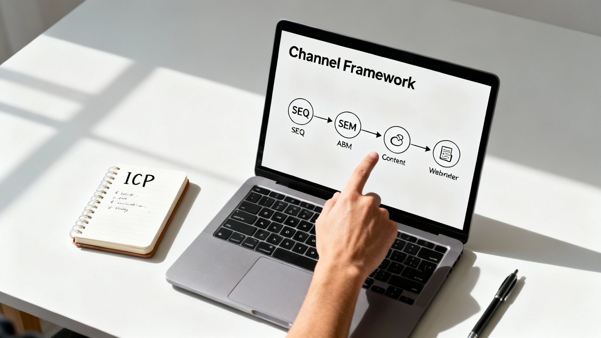 Hand pointing at a laptop screen showing a B2B channel framework diagram, with an 'ICP' notebook.