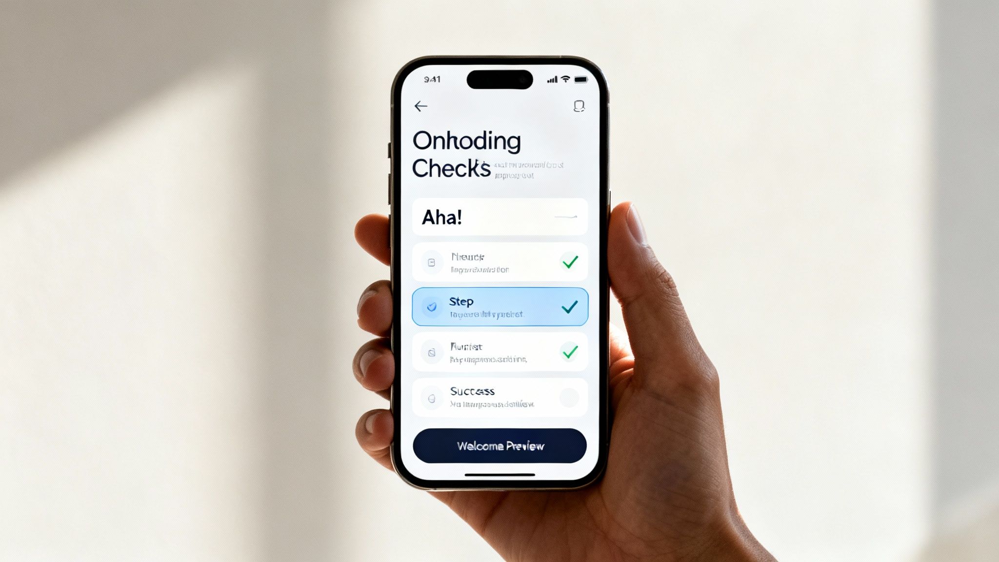 A hand holds an iPhone displaying an onboarding checklist mobile app with completed steps.