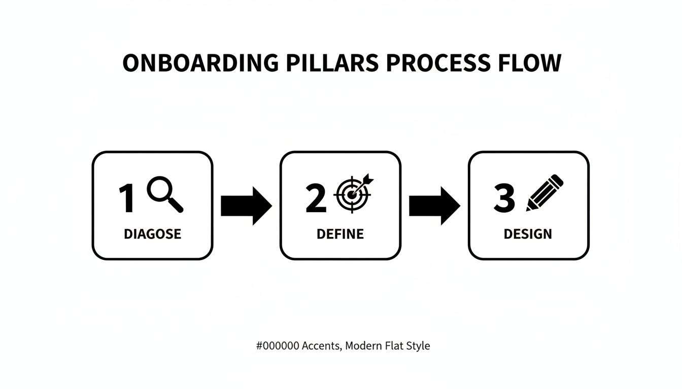 Process flow diagram illustrating three onboarding pillars: Diagnose, Define, and Design, with icons.