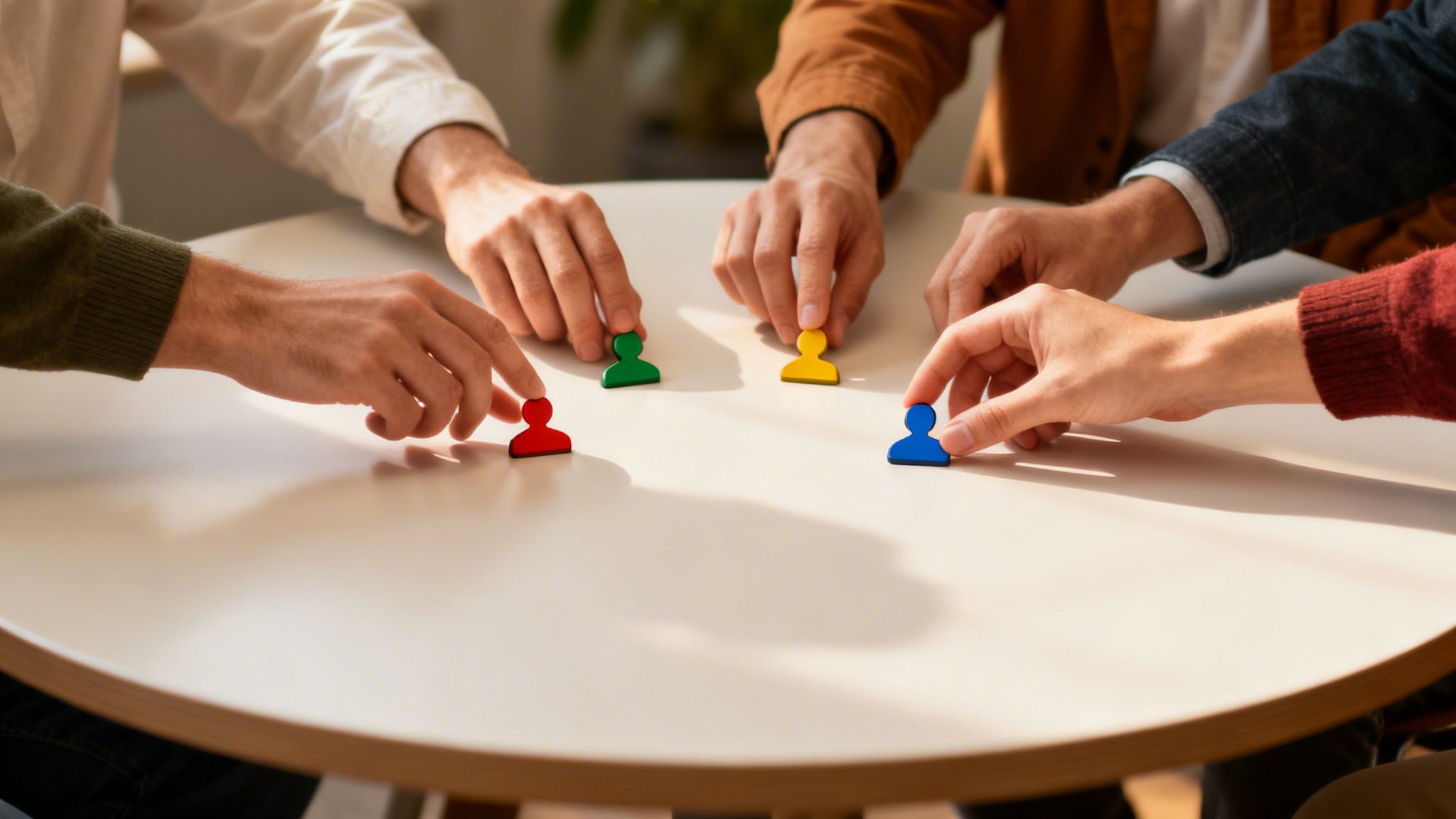 Close-up of four people's hands placing colorful pawns on a white table, symbolizing teamwork.