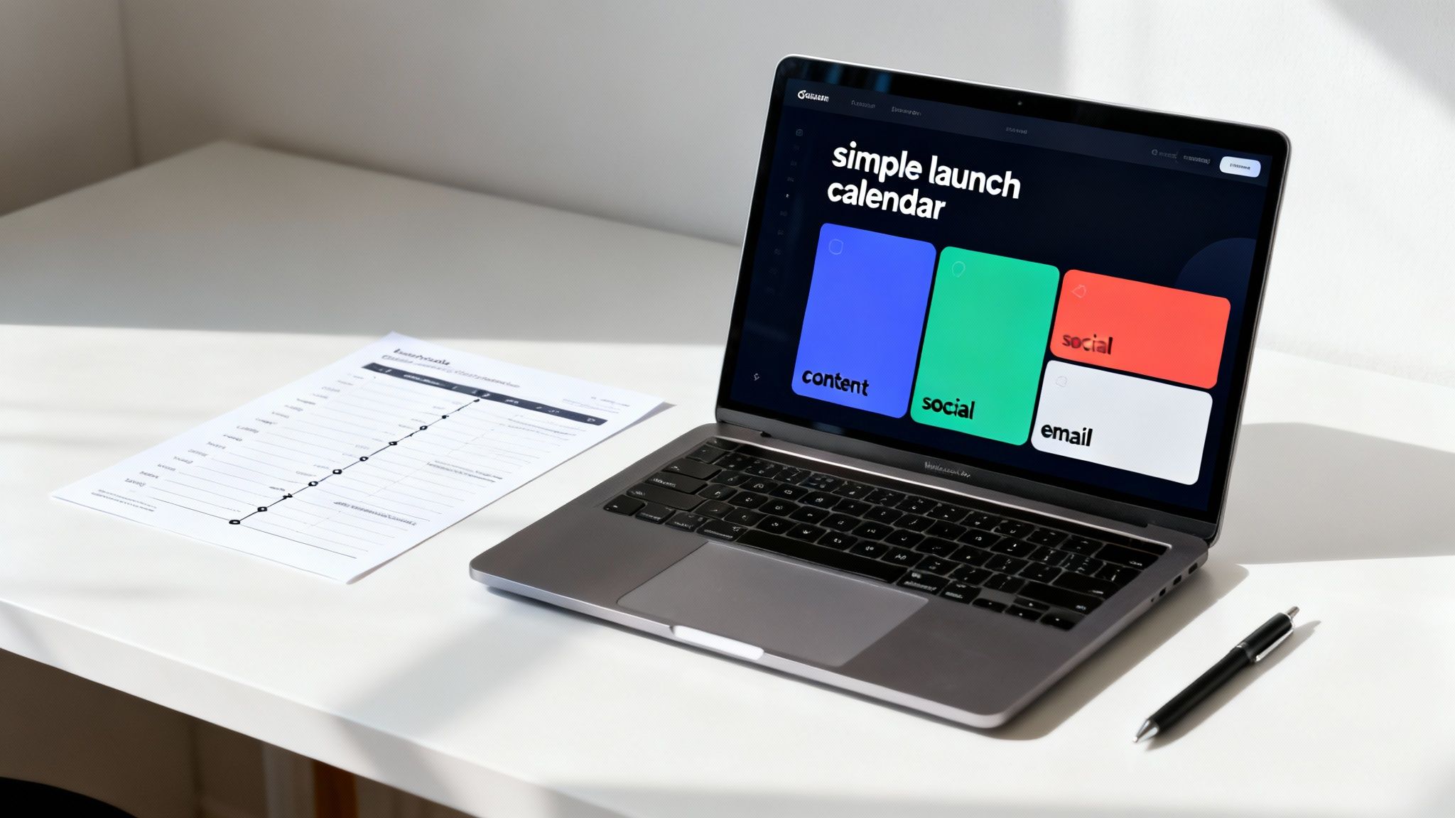 A white desk with a laptop displaying a product launch calendar, a printed plan, and a pen.