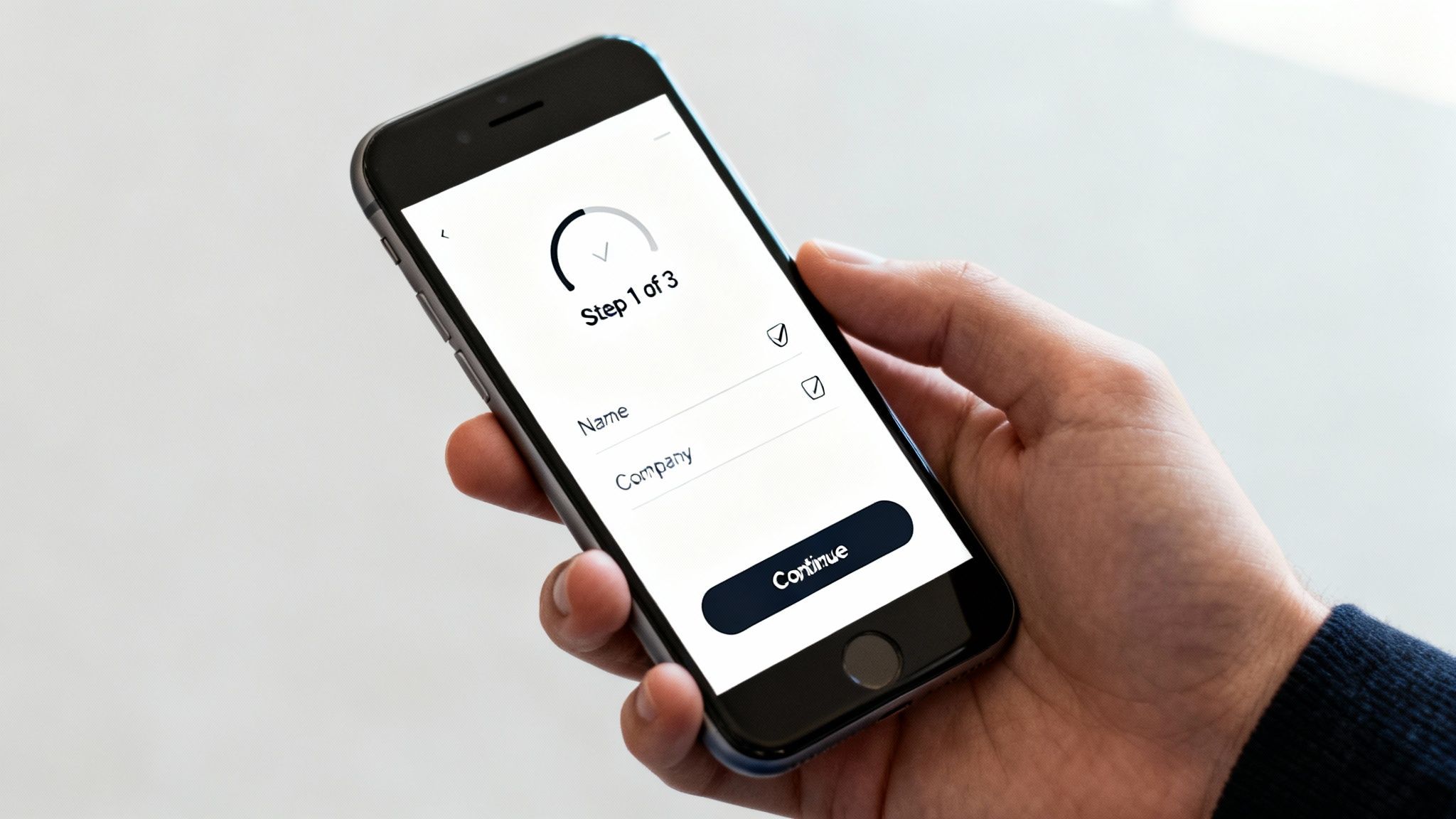 A hand holding a smartphone displaying a 'Step 1 of 3' form with name and company fields.