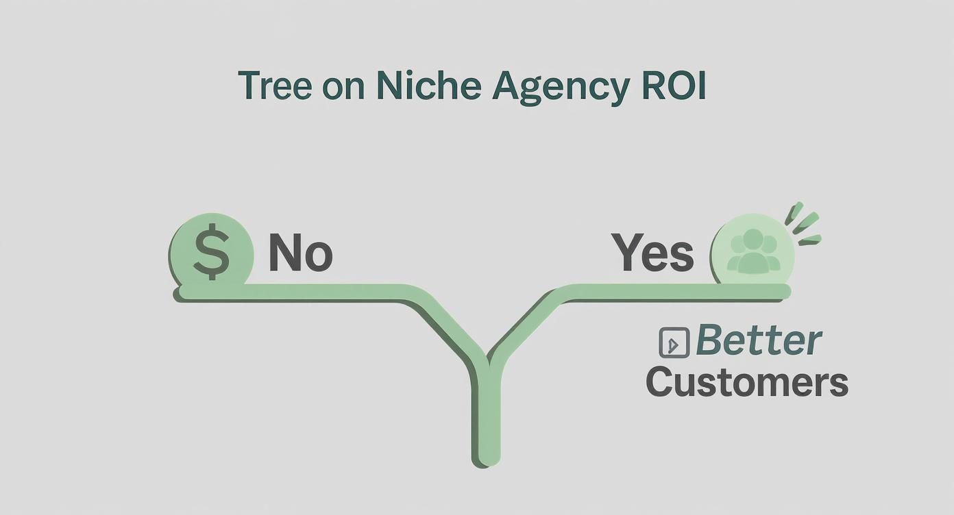 Infographic decision tree asking "Need better leads?" with a "Yes" branch leading to "Better Customers," visualizing the ROI of choosing a specialized marketing agency.