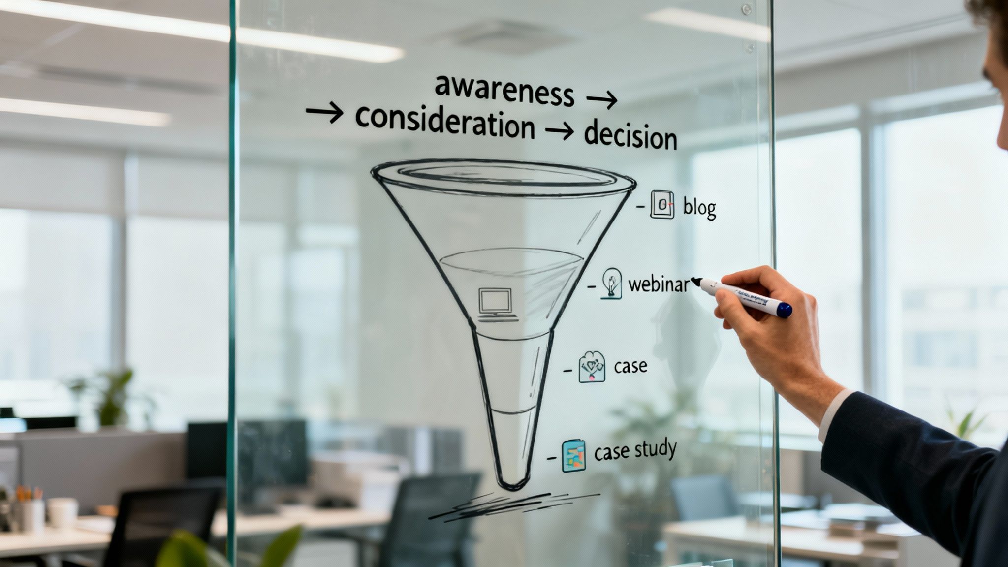 A man drawing a marketing funnel on a glass board, detailing awareness, consideration, and decision stages.