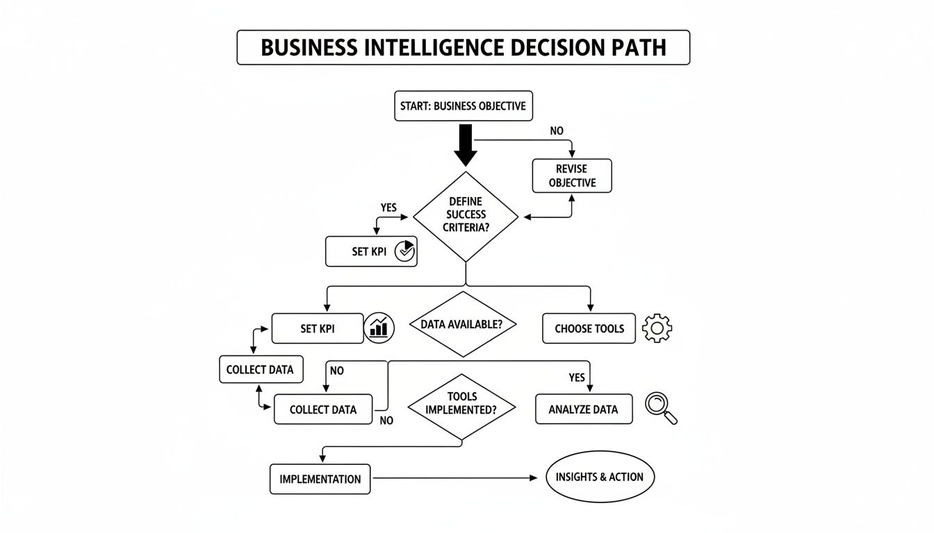 Flowchart outlining the Business Intelligence Decision Path, including objective setting, KPI, data, tools, analysis, and implementation.