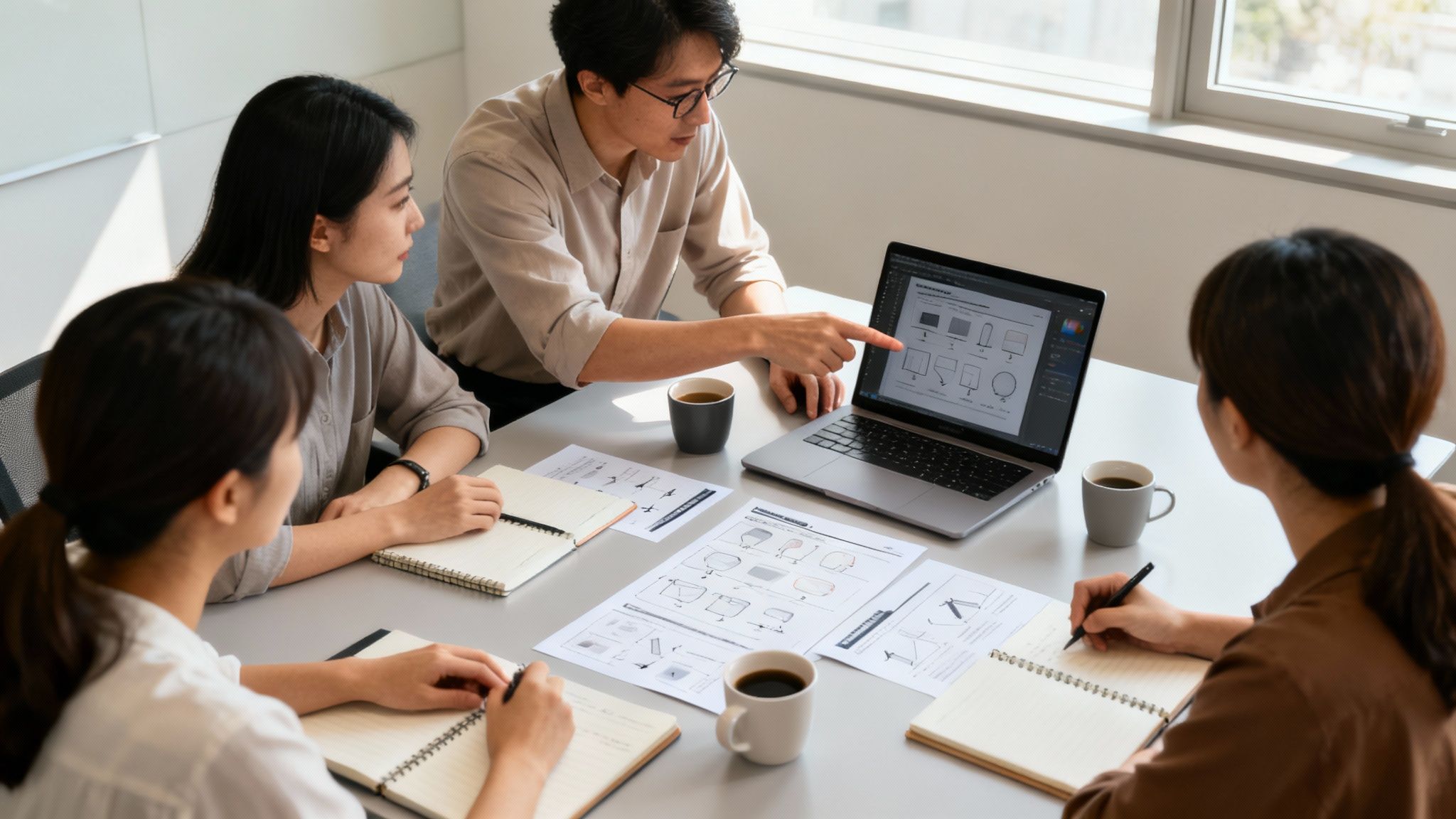 Four colleagues discuss design ideas during a meeting, pointing at laptop screen with sketches.