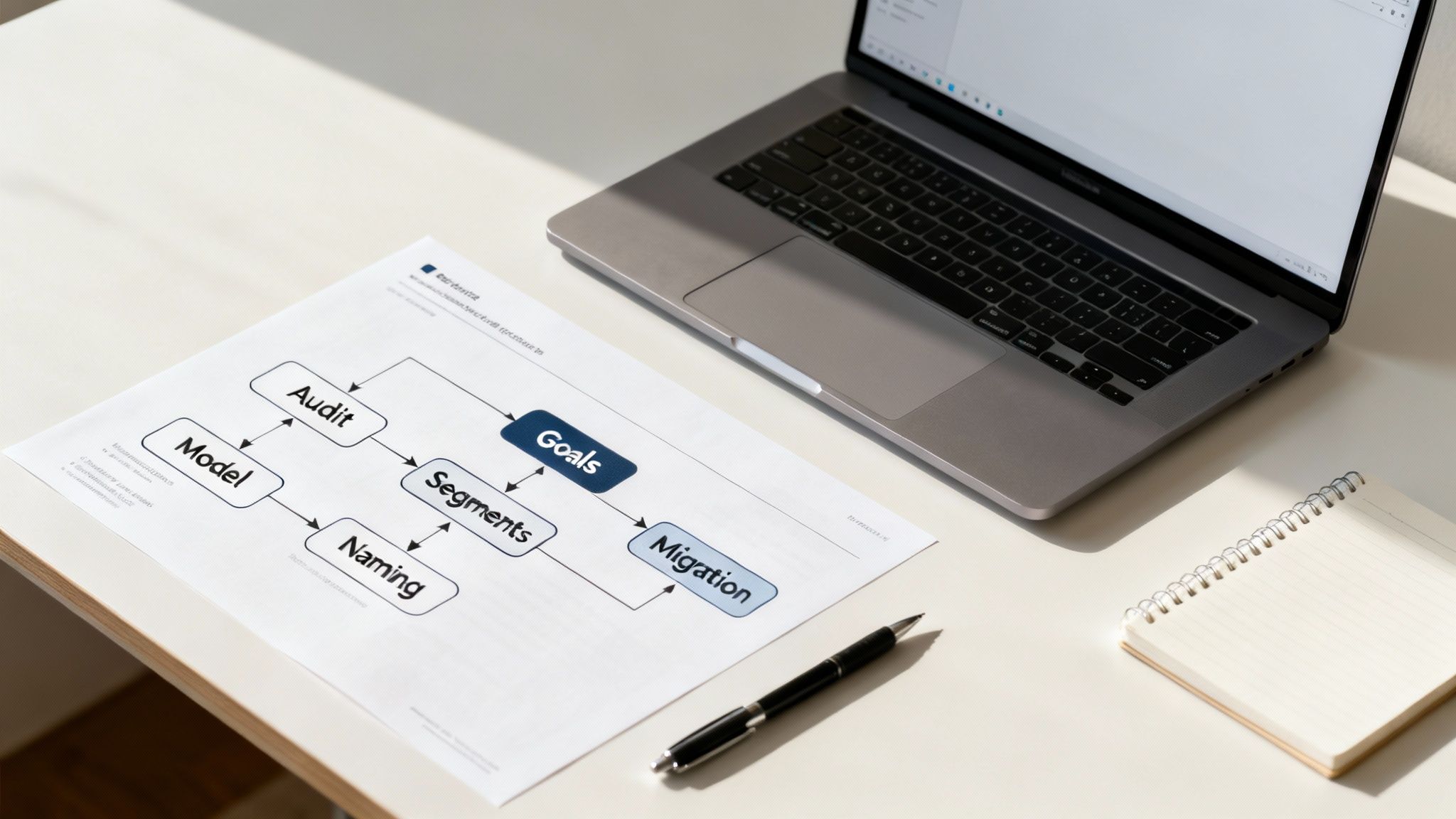 A document with a strategic process flowchart, laptop, pen, and notebook on a white desk.