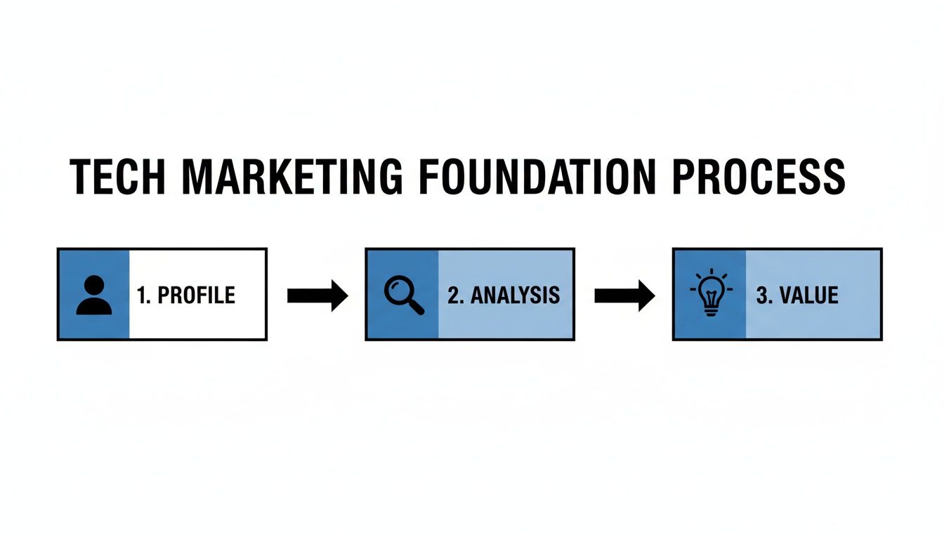 A three-step flowchart detailing the 'Tech Marketing Foundation Process': 1. Profile, 2. Analysis, and 3. Value.