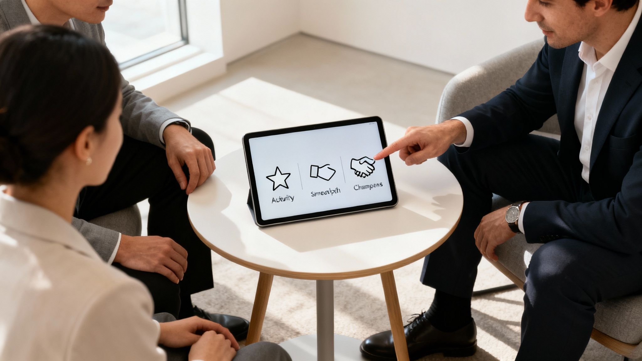 Three business people discussing a presentation on a tablet, focusing on branding and strategy.