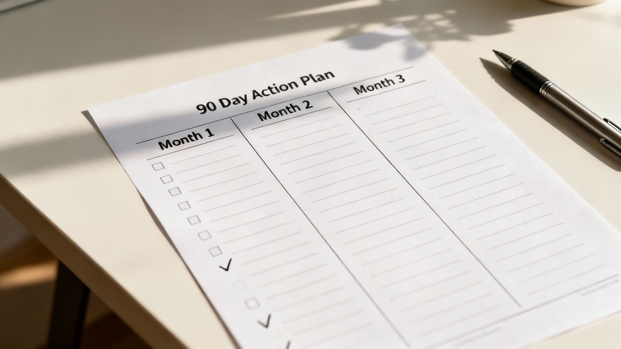 A white paper with a '90 Day Action Plan' showing three months, with checked boxes, next to a pen.