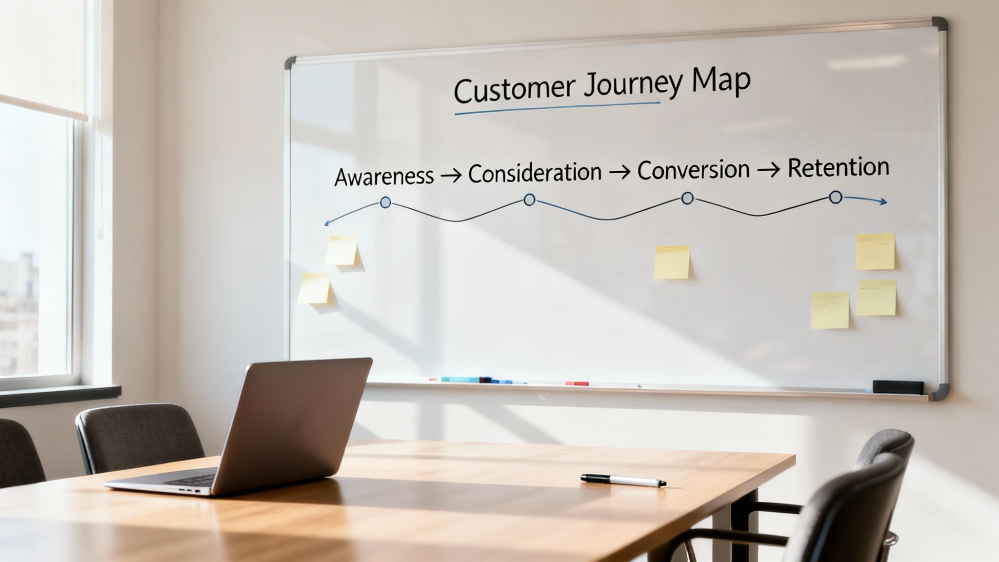 A whiteboard displays a customer journey map showing awareness, consideration, conversion, and retention stages.