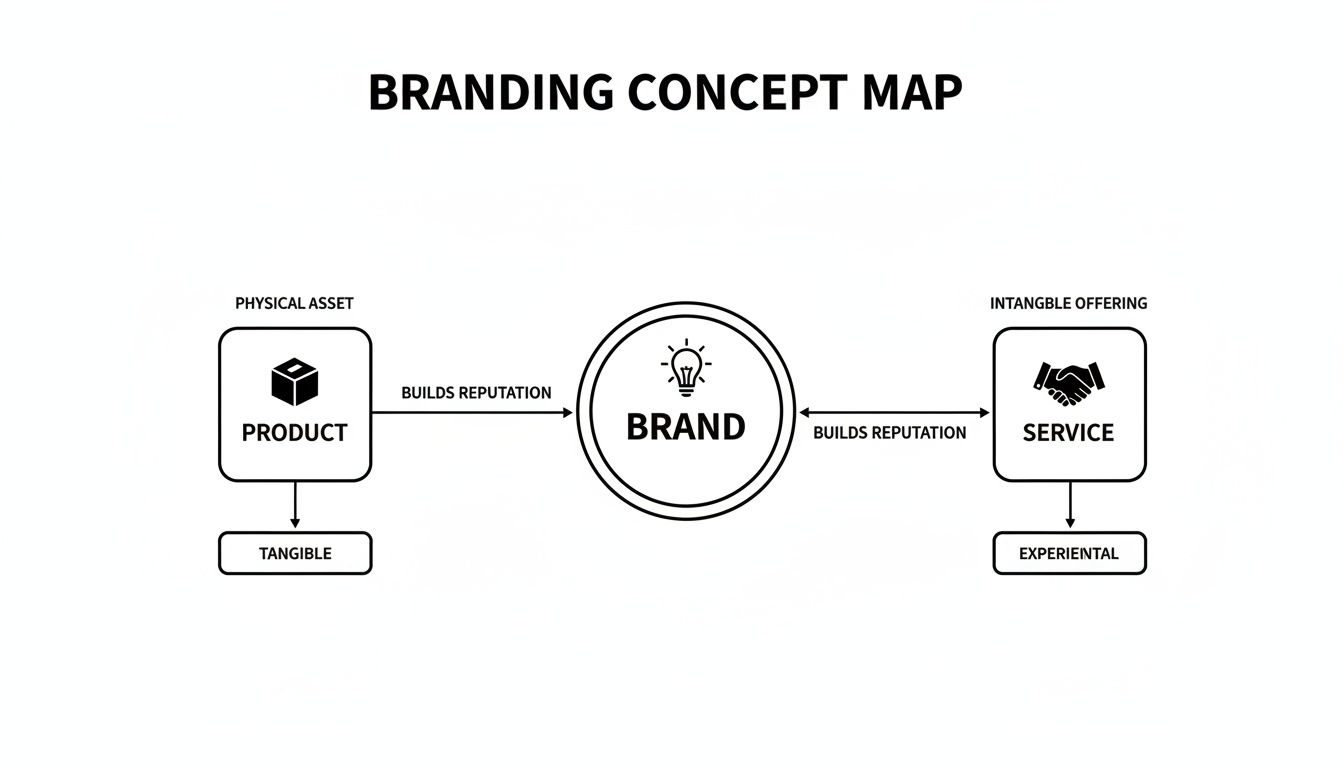 Branding concept map illustrating products and services contributing to brand reputation.