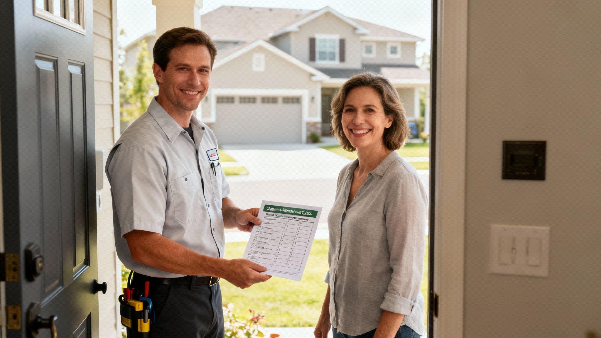 An HVAC technician explaining a system to a homeowner, demonstrating trust-building content.