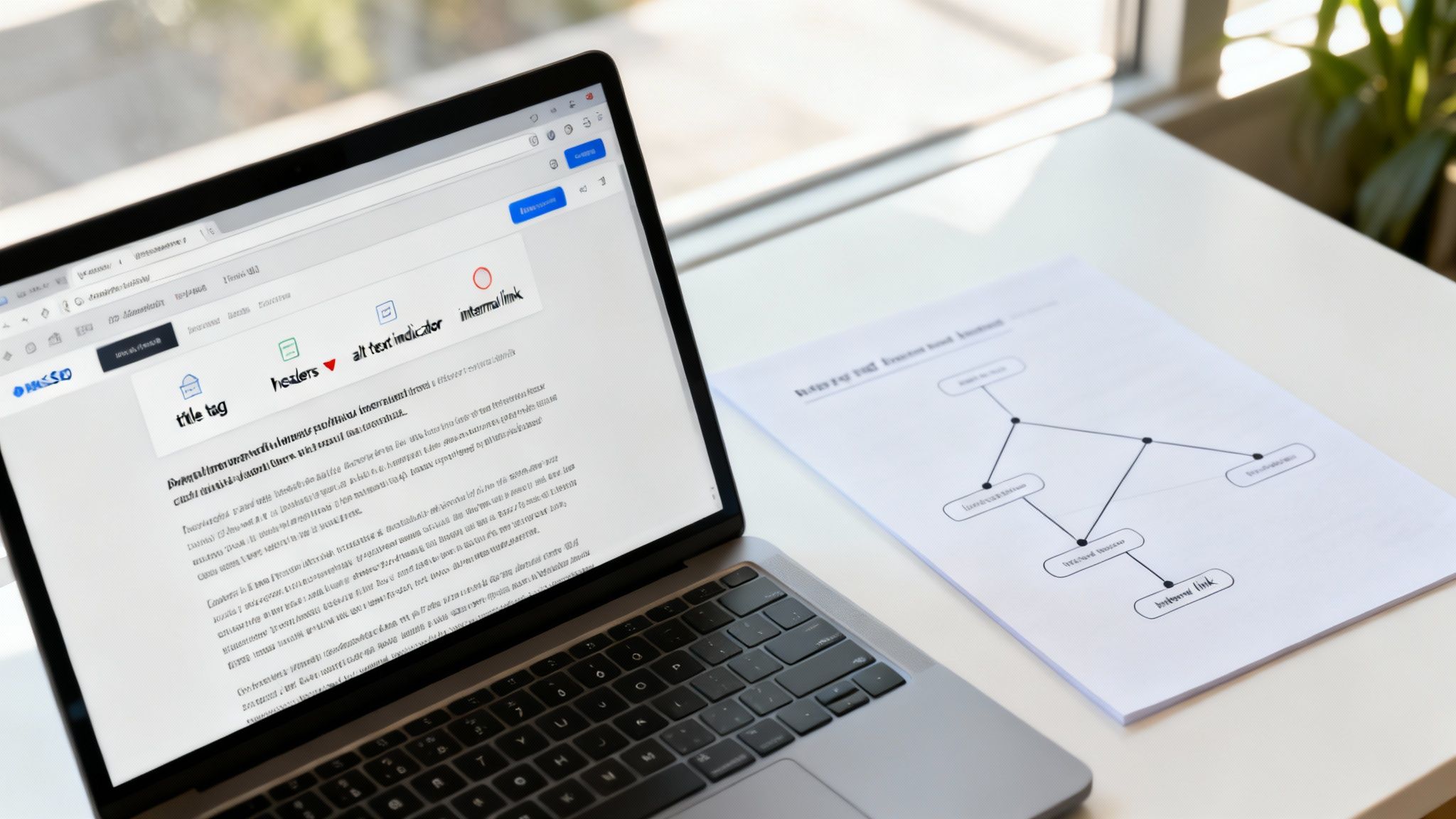 Laptop displaying SEO content editor with title tag and internal link optimization beside flowchart diagram