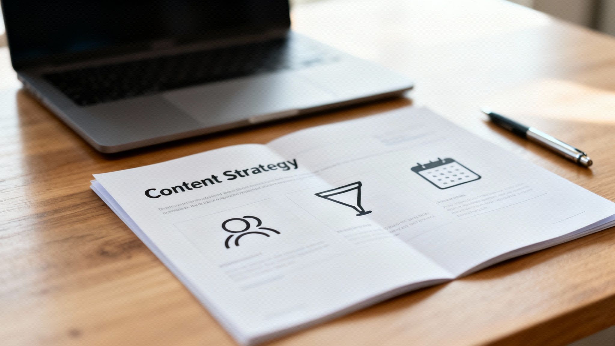 An open 'Content Strategy' booklet lies on a wooden desk next to a blurred laptop and pen.