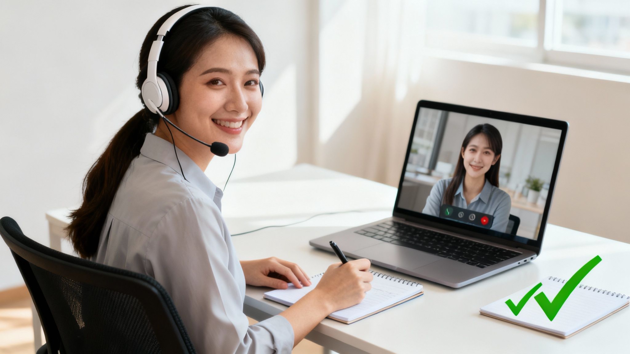 A smiling woman with a headset taking notes during a virtual video call on a laptop.
