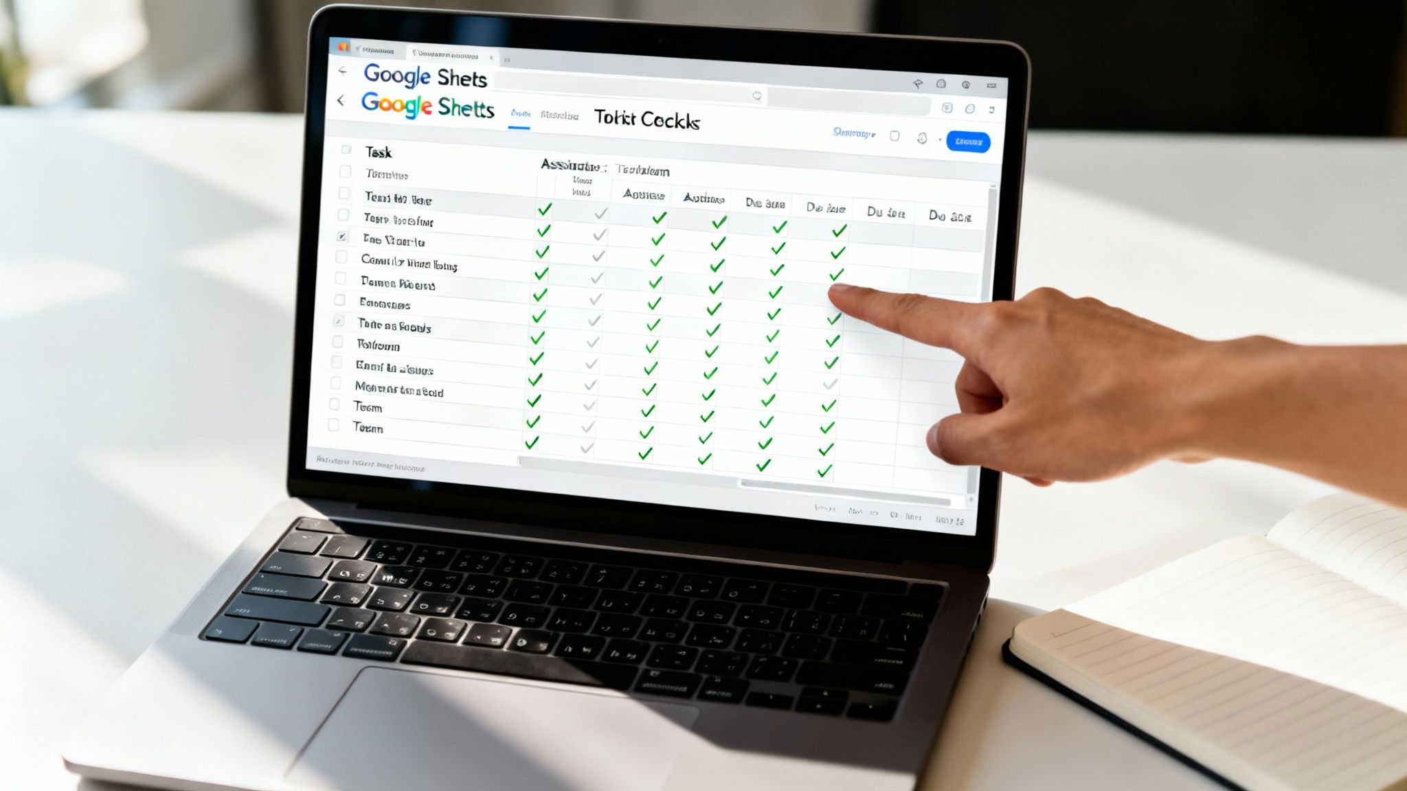 Laptop displaying a product launch checklist on screen, with a hand pointing at a completed task.