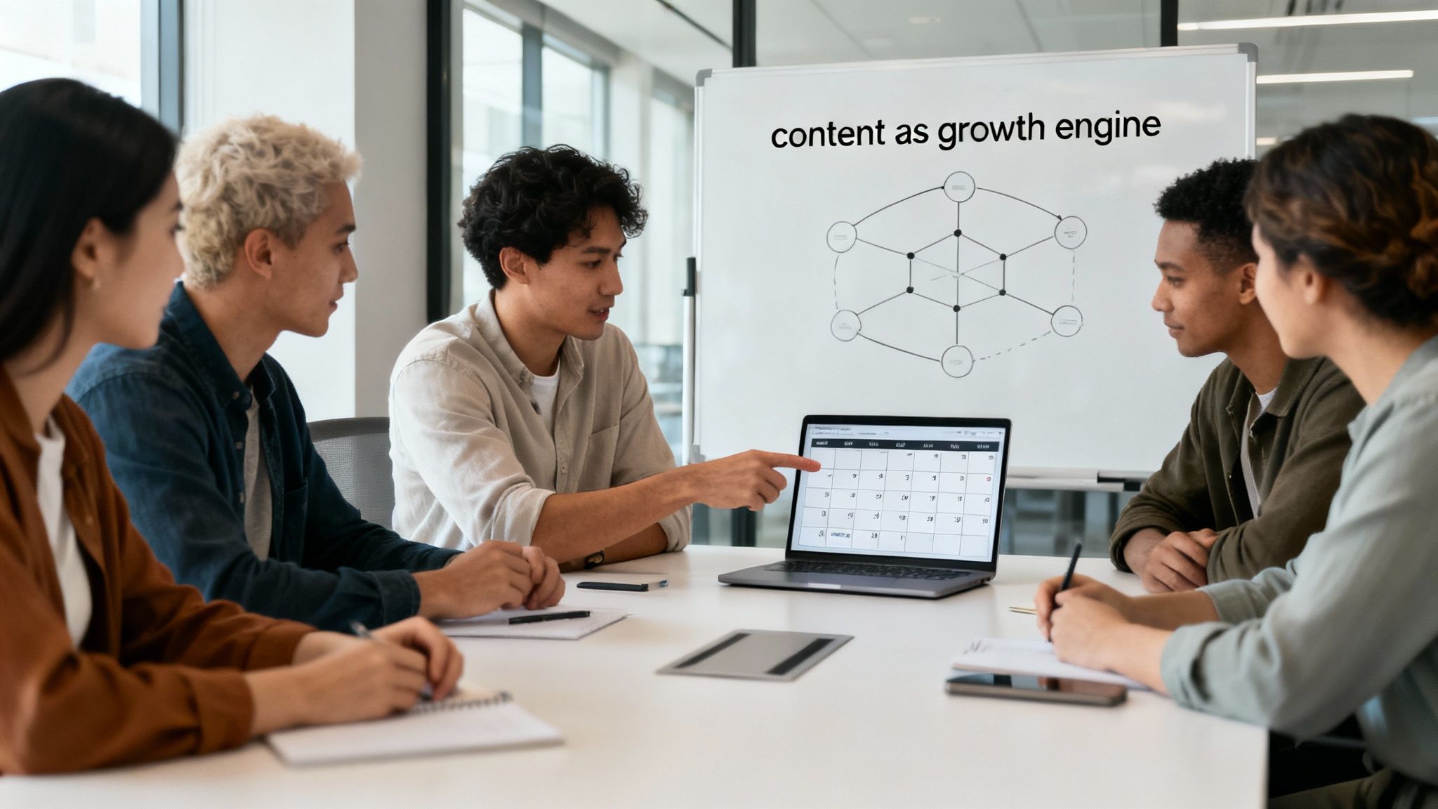 Diverse young professionals collaborate in a modern meeting room, discussing content strategy with a laptop.