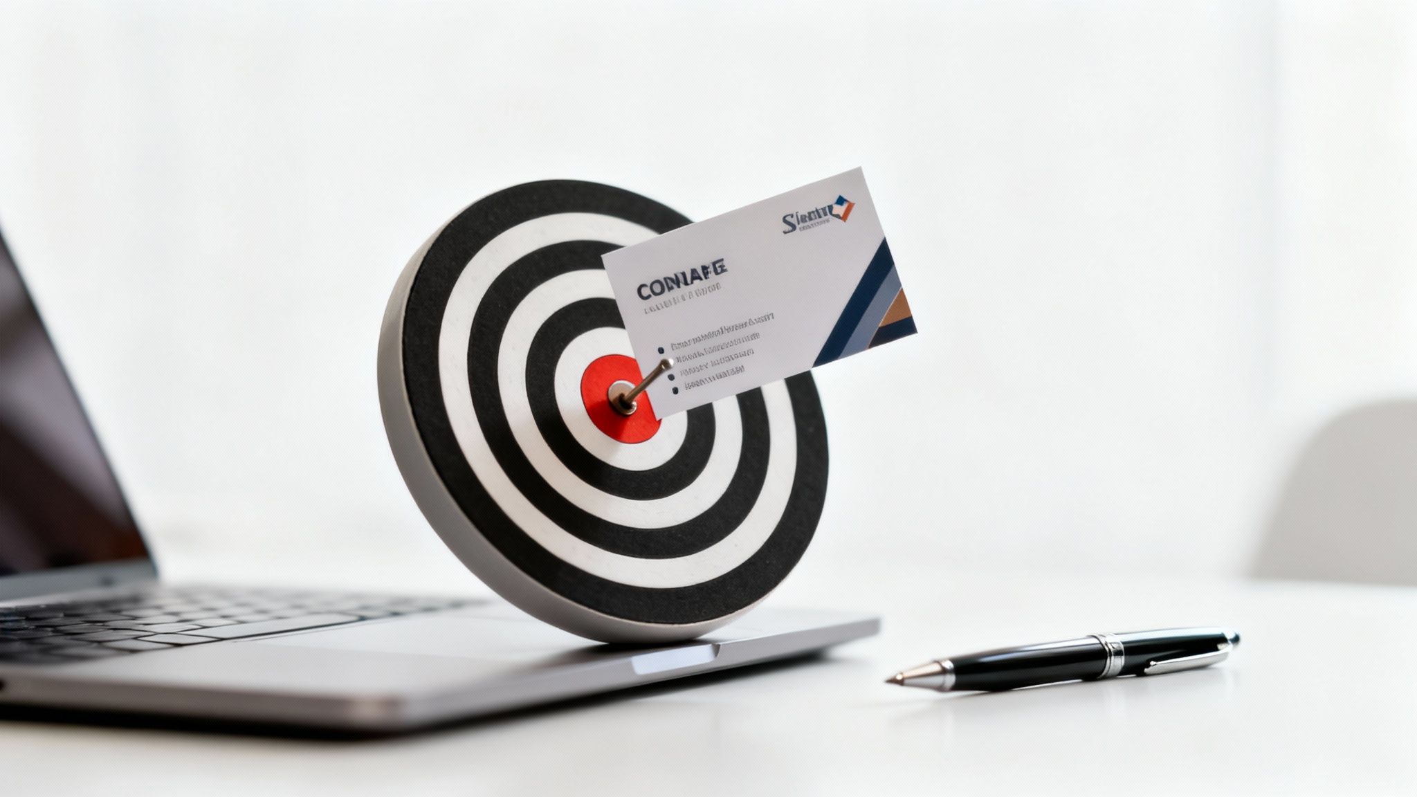 Business card pinned on bullseye target with dart next to laptop and pen