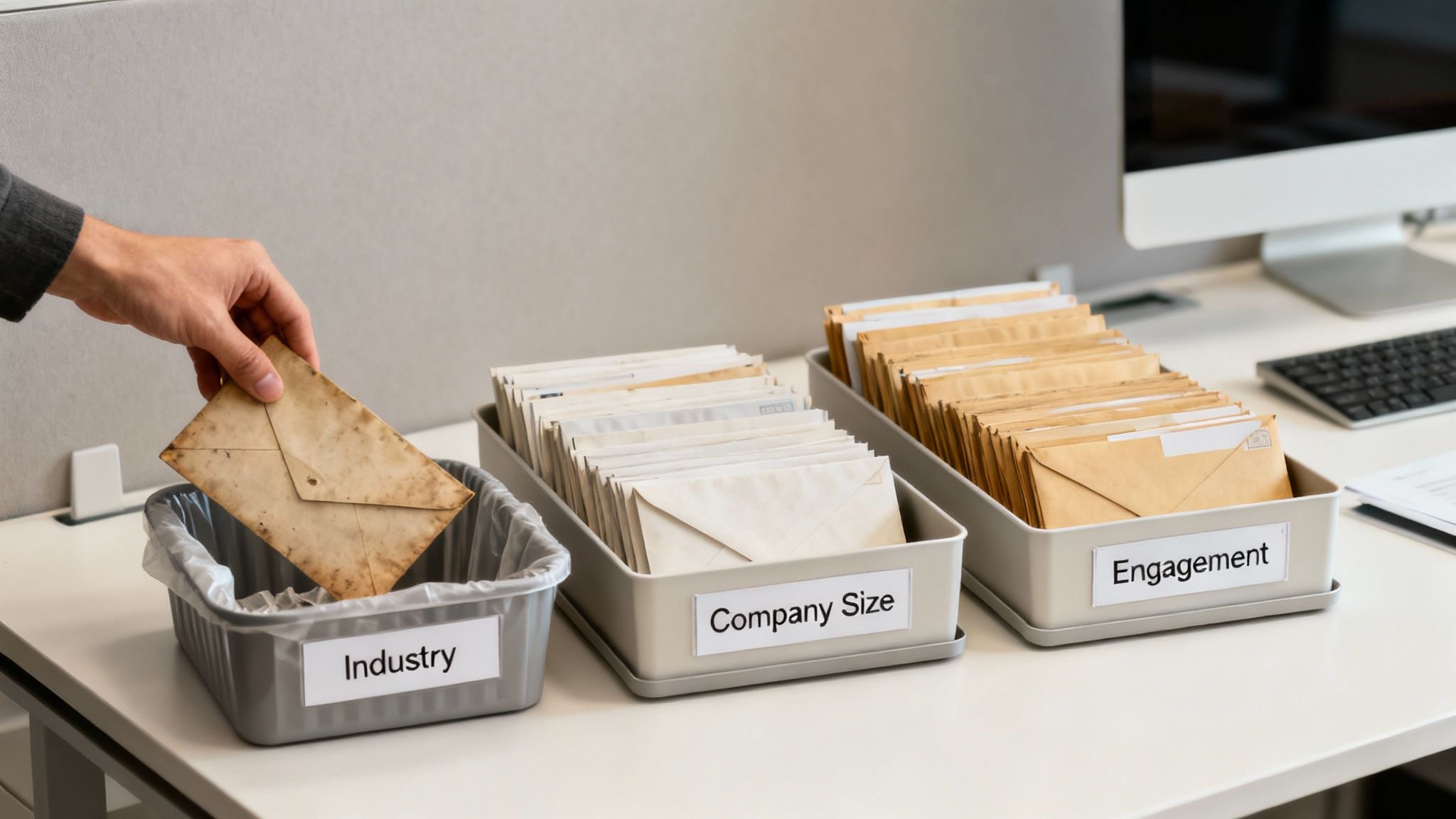 Hand sorting business mail into organized containers labeled Industry, Company Size, and Engagement on desk