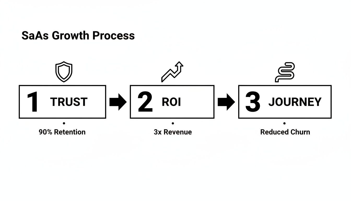 A diagram outlining the SaaS Growth Process in three steps: Trust (90% Retention), ROI (3x Revenue), and Journey (Reduced Churn).