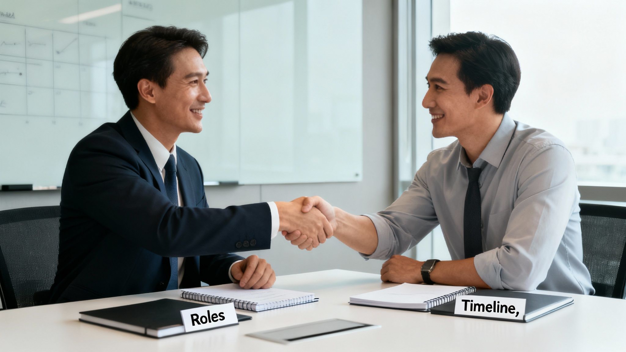A handshake between two professionals in an office, symbolizing a successful partnership.