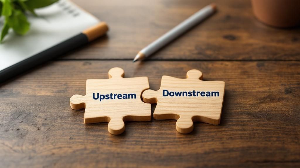 A person at a fork in the road, representing the strategic choice between upstream and downstream marketing.