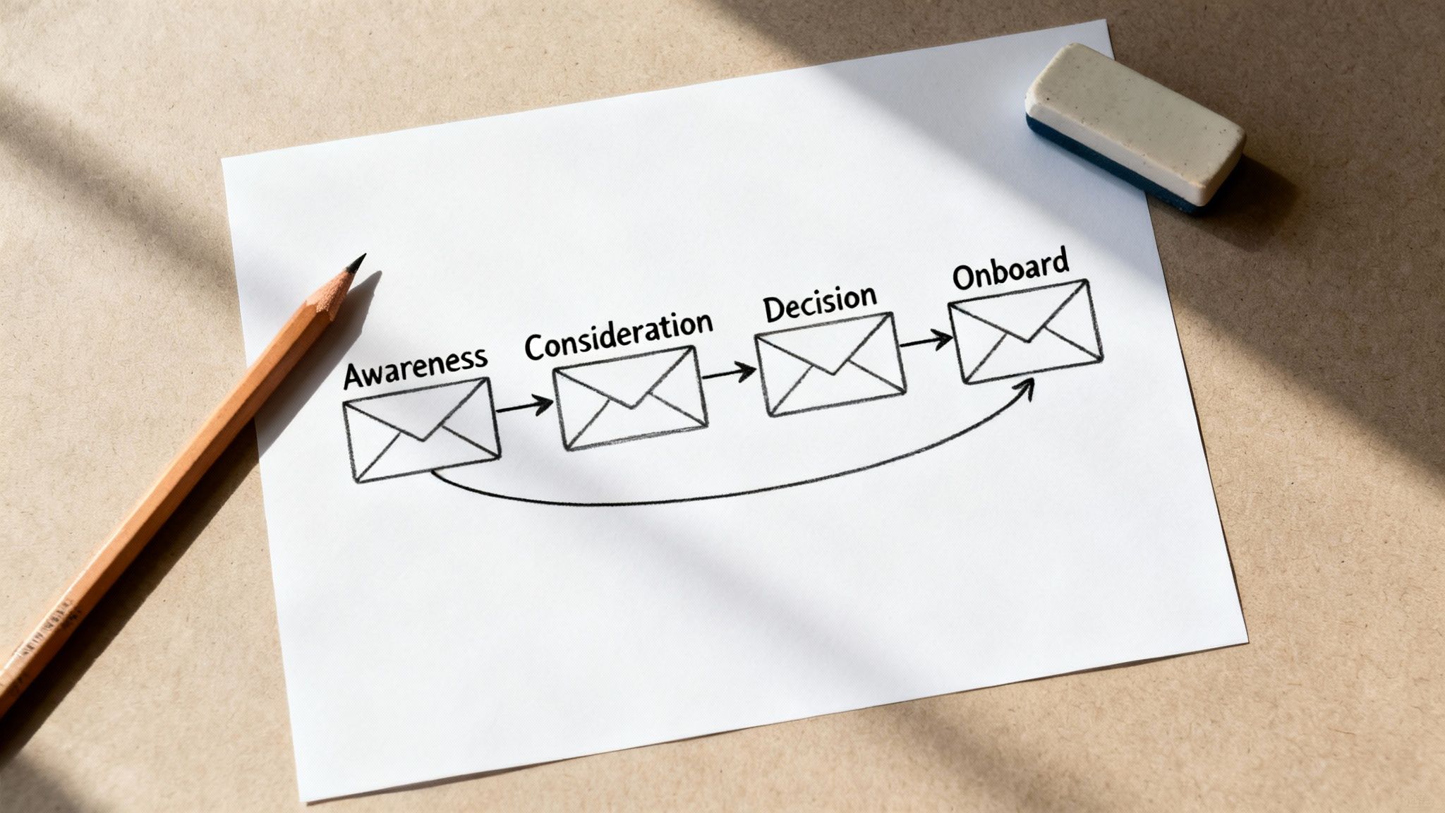 Hand-drawn customer journey funnel showing awareness consideration decision and onboard stages with envelope icons