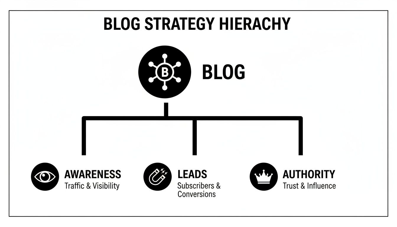 A blog strategy hierarchy chart outlining awareness, leads, and authority as key objectives.