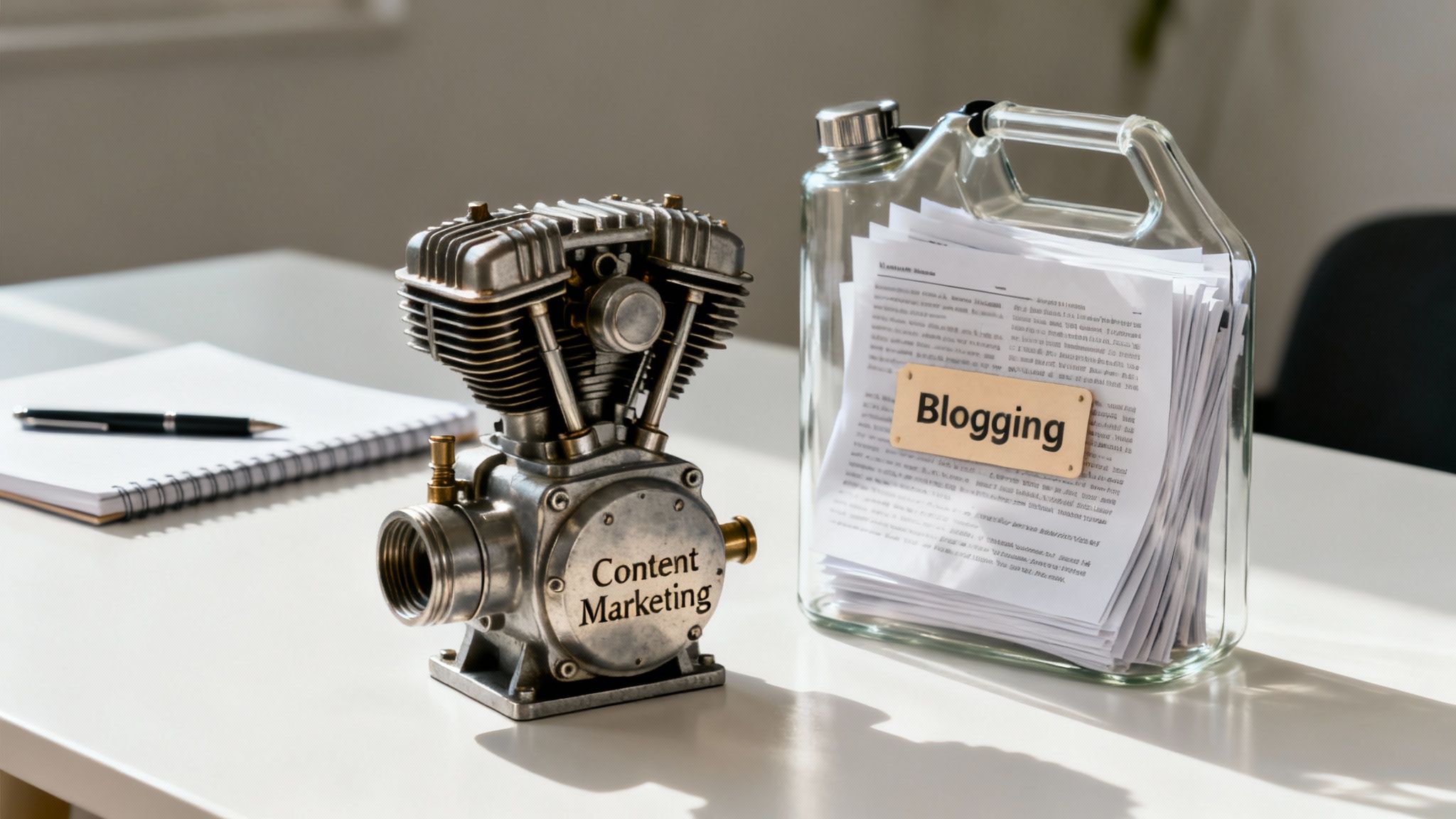A miniature engine labeled 'Content Marketing' next to a container of 'Blogging' papers on a desk.