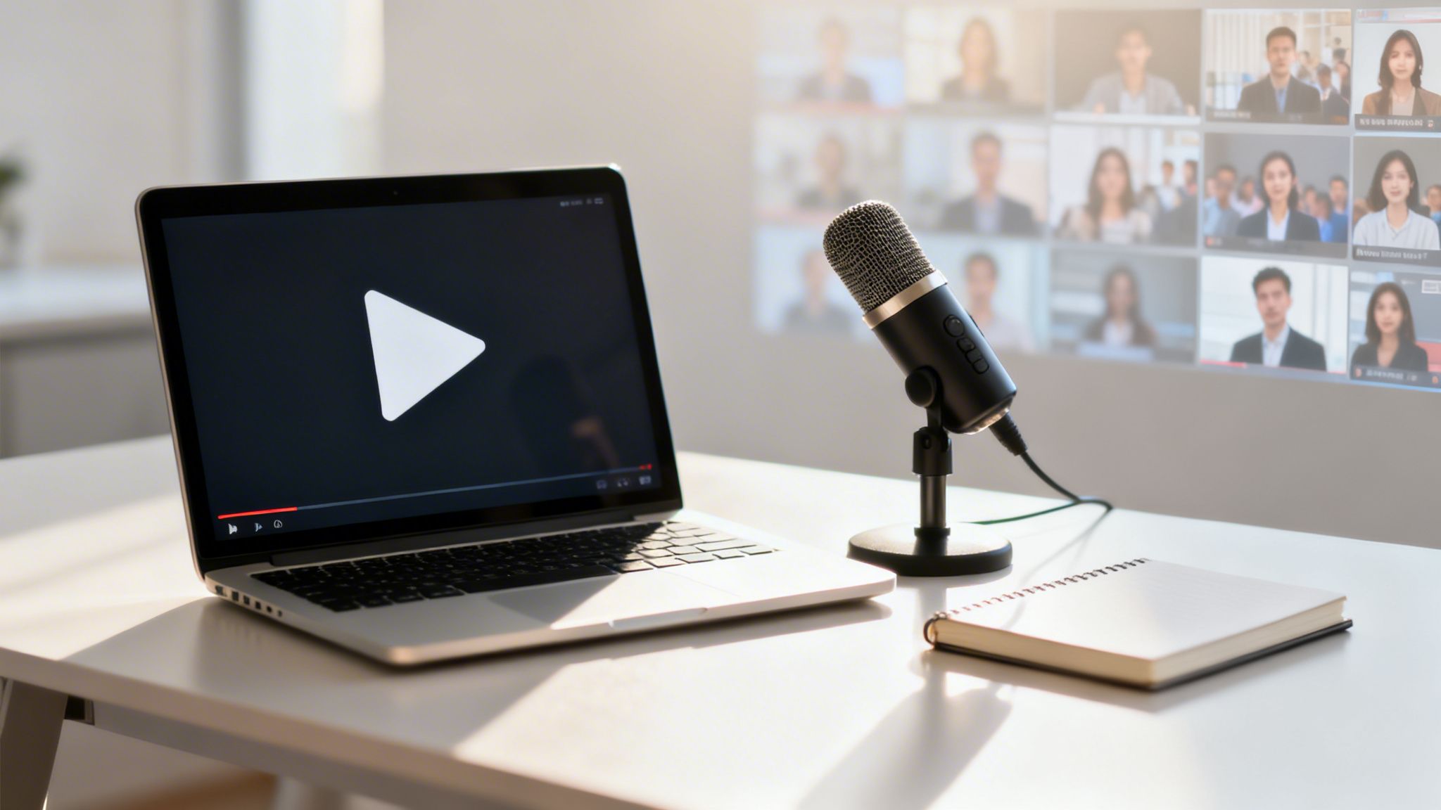 Setup for a virtual event with a laptop playing video, a microphone, and a projected video conference.