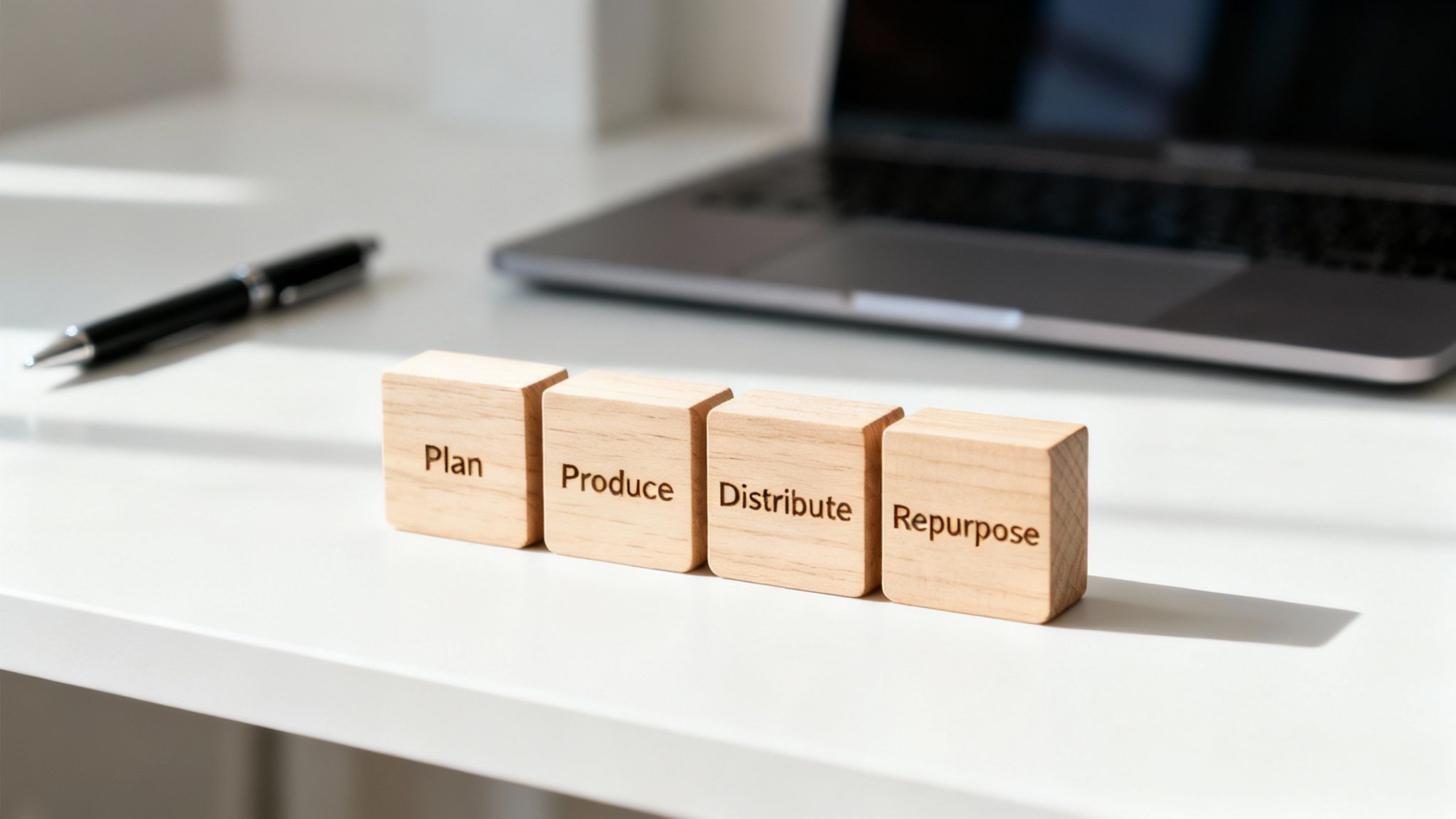 Wooden blocks on a desk display 'Plan, Produce, Distribute, Repurpose,' illustrating a content workflow.