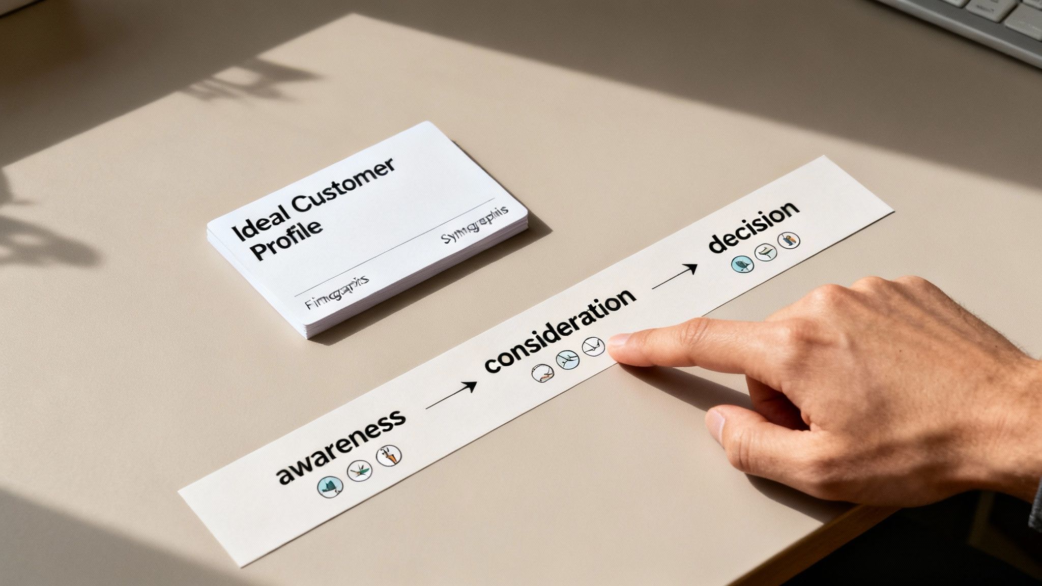 A hand points to a customer journey map with awareness, consideration, and decision steps, next to customer profile cards.