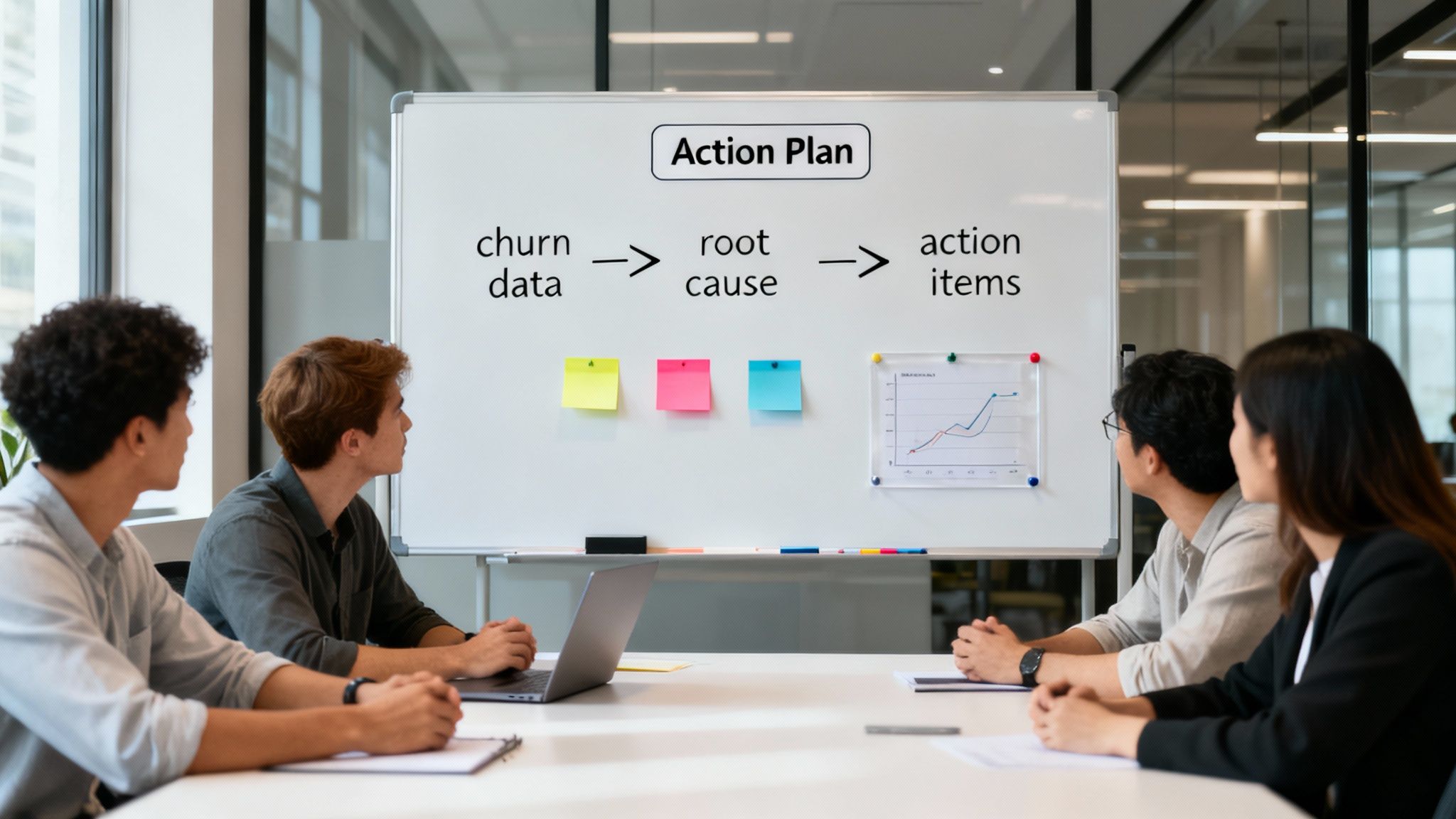 A team discusses an 'Action Plan' on a whiteboard, connecting churn data to root causes and action items.