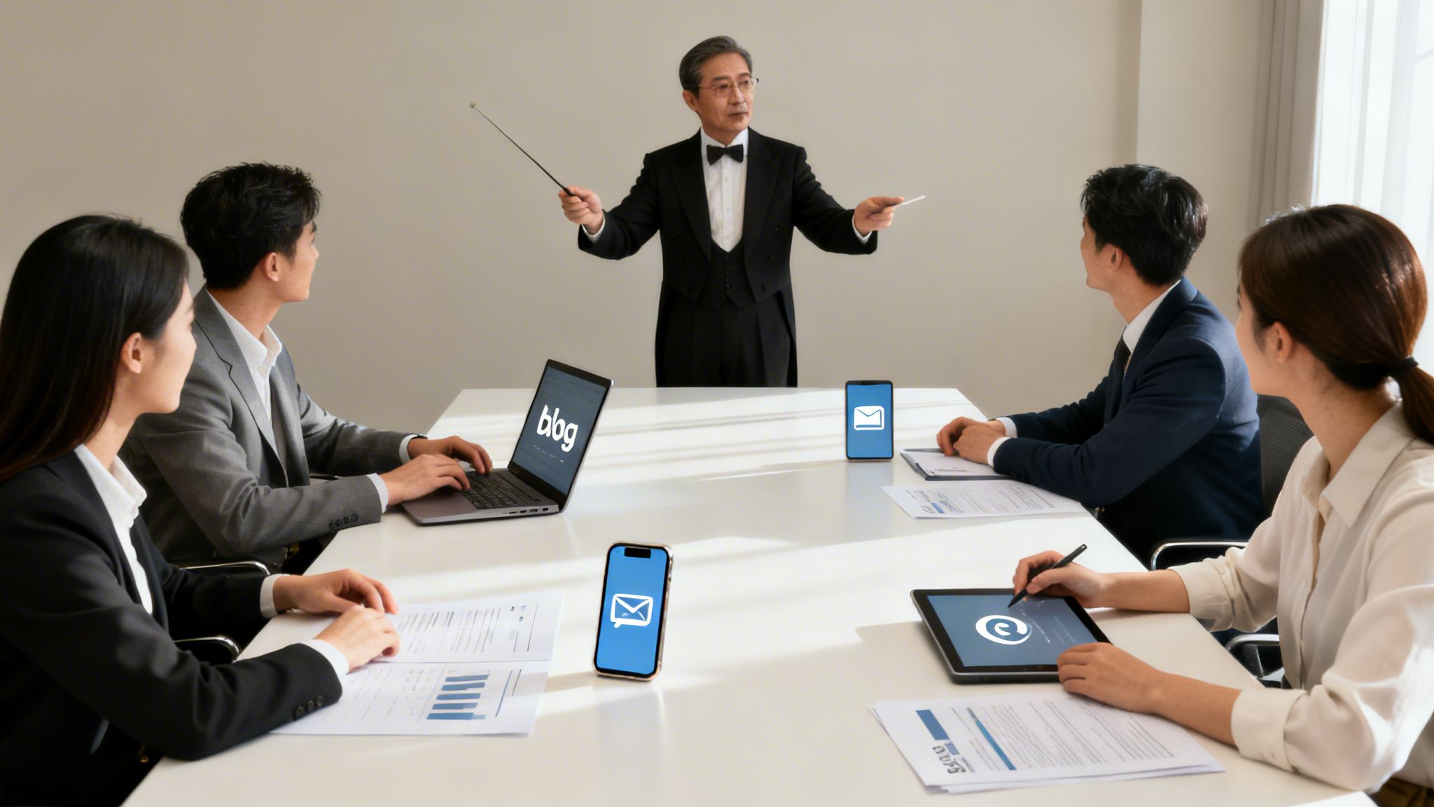 A conductor-like leader guides a diverse marketing team discussing digital strategies on various devices.