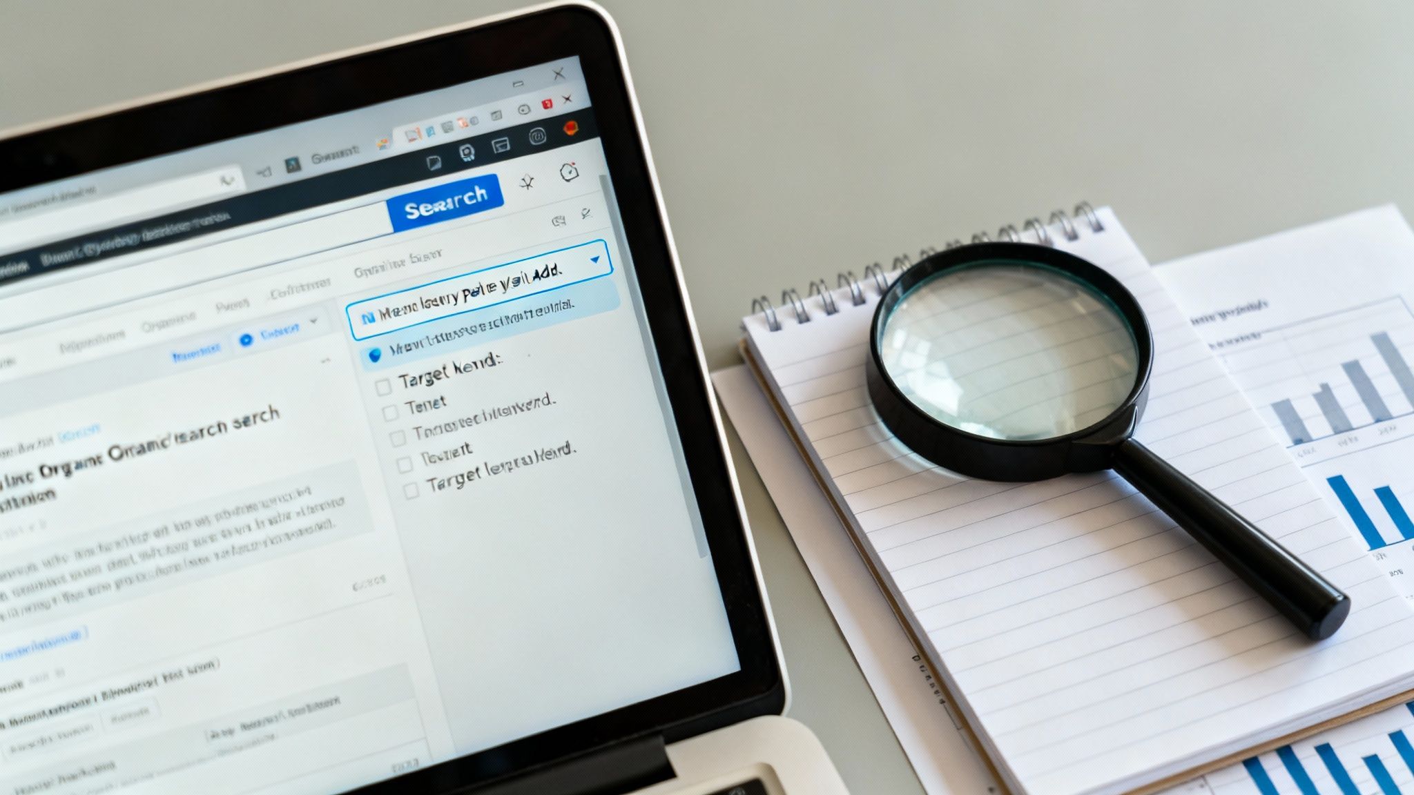 A laptop screen displays a search interface, next to a magnifying glass, notebook, and data charts.