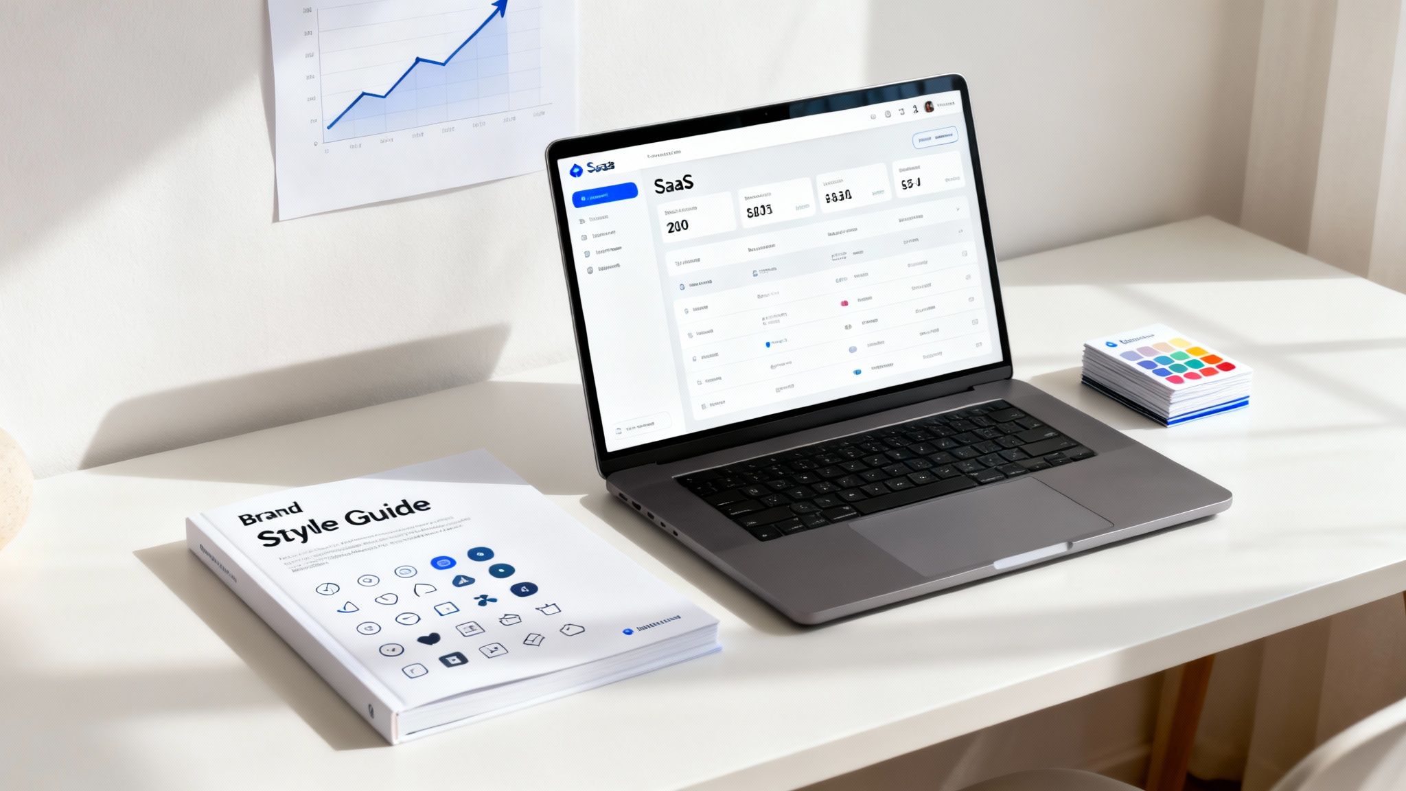 A clean white desk with a laptop displaying a SaaS dashboard, a Brand Style Guide book, and color palette cards.