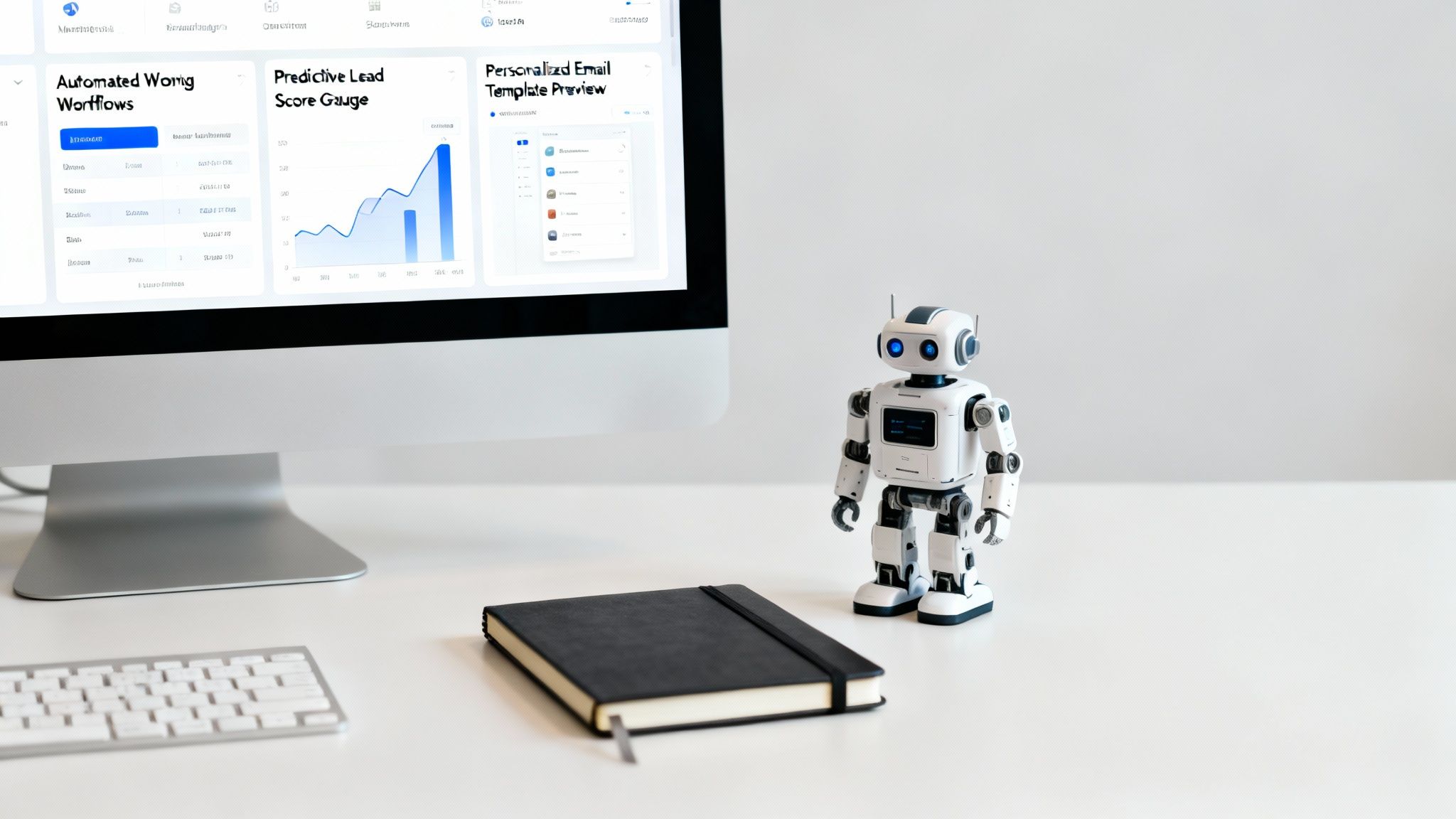 A white robot stands on a desk next to a computer displaying marketing analytics and automated workflows.