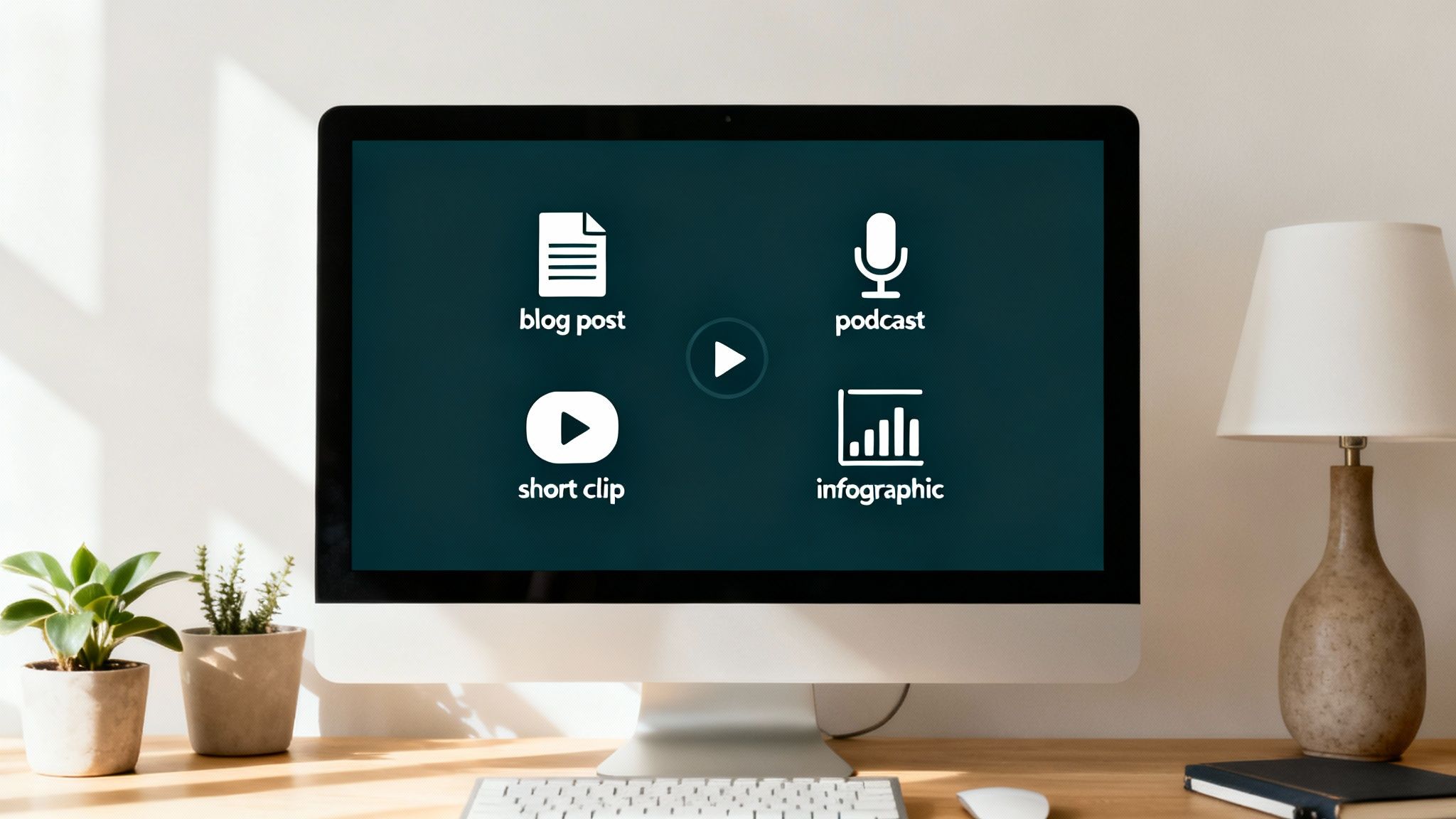 A computer monitor on a desk displays icons for blog post, podcast, short clip, and infographic, representing digital content options.