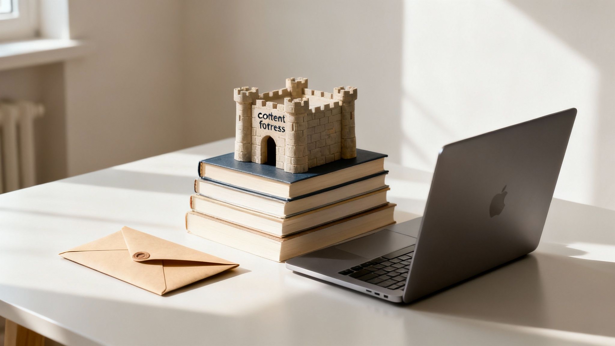 A 'content fortress' castle model sits atop a stack of books beside an open laptop and an envelope on a desk.