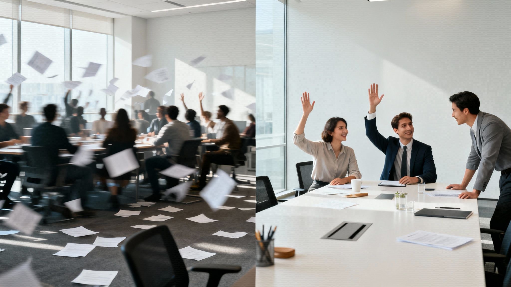 A split image contrasting a chaotic meeting with flying papers against a calm, professional discussion.