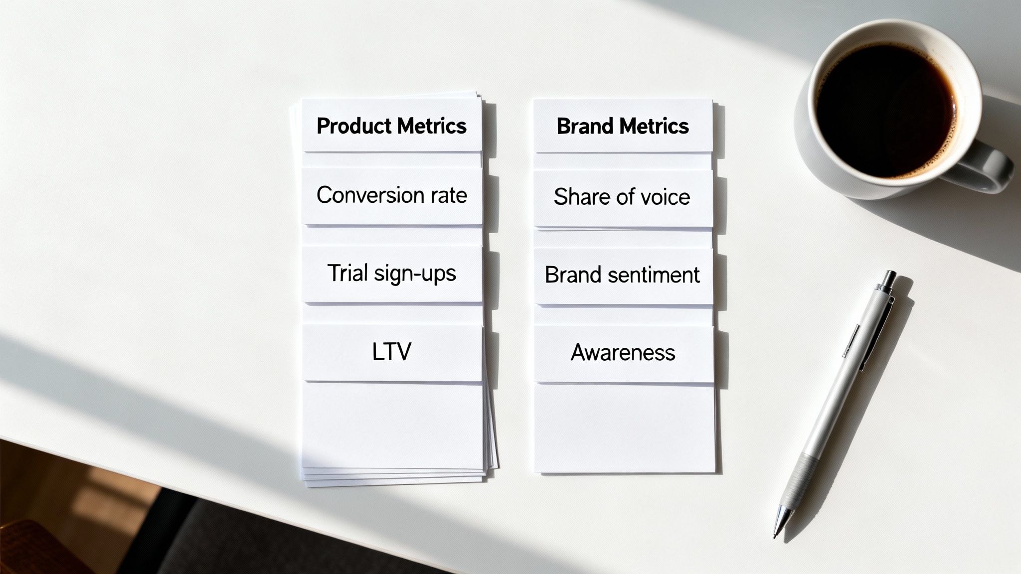 Index cards displaying product and brand marketing metrics on a white desk with coffee and a pen.