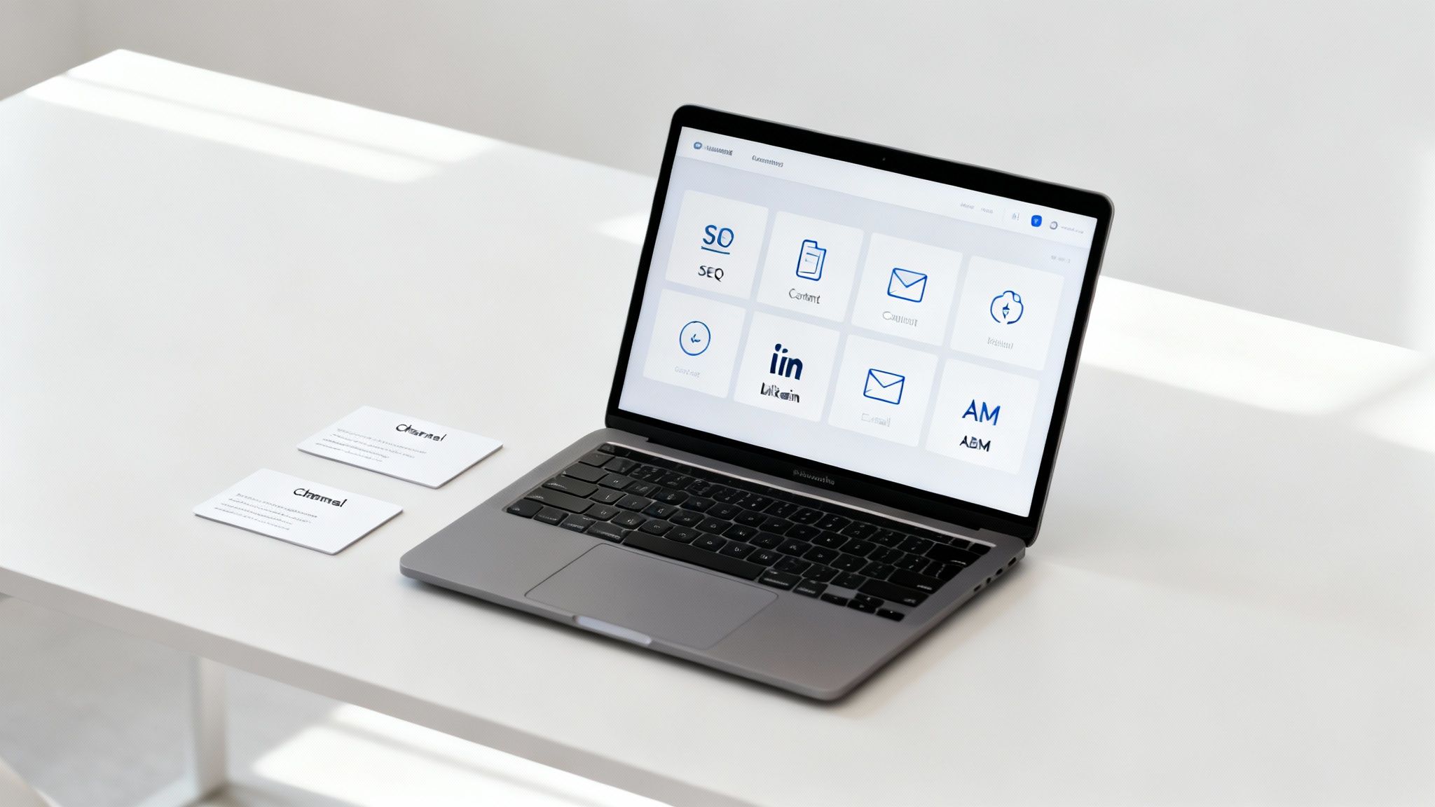 Silver laptop on a clean white desk displaying a digital marketing strategy dashboard.