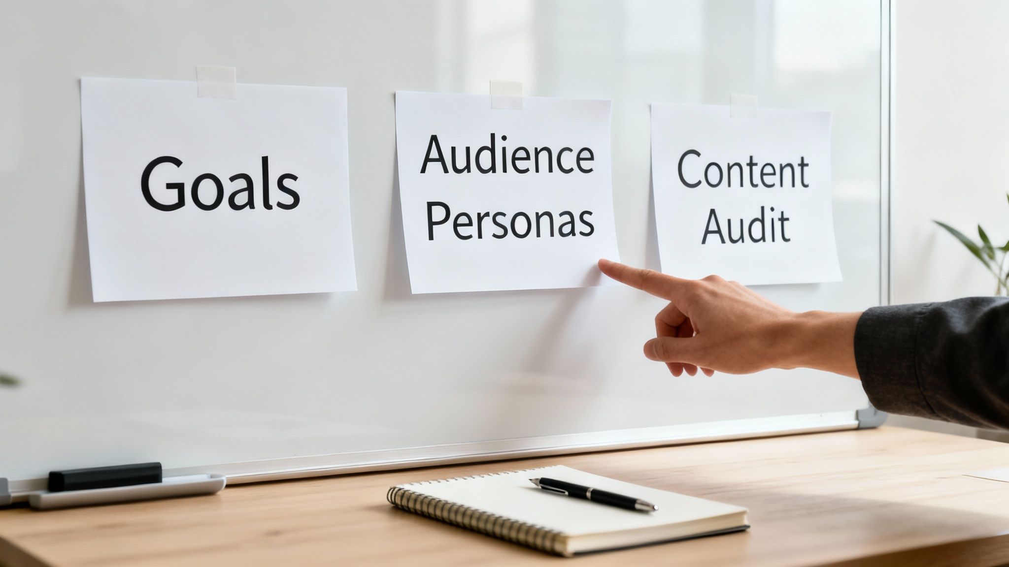A hand points to "Audience Personas" on a whiteboard with "Goals" and "Content Audit" notes.