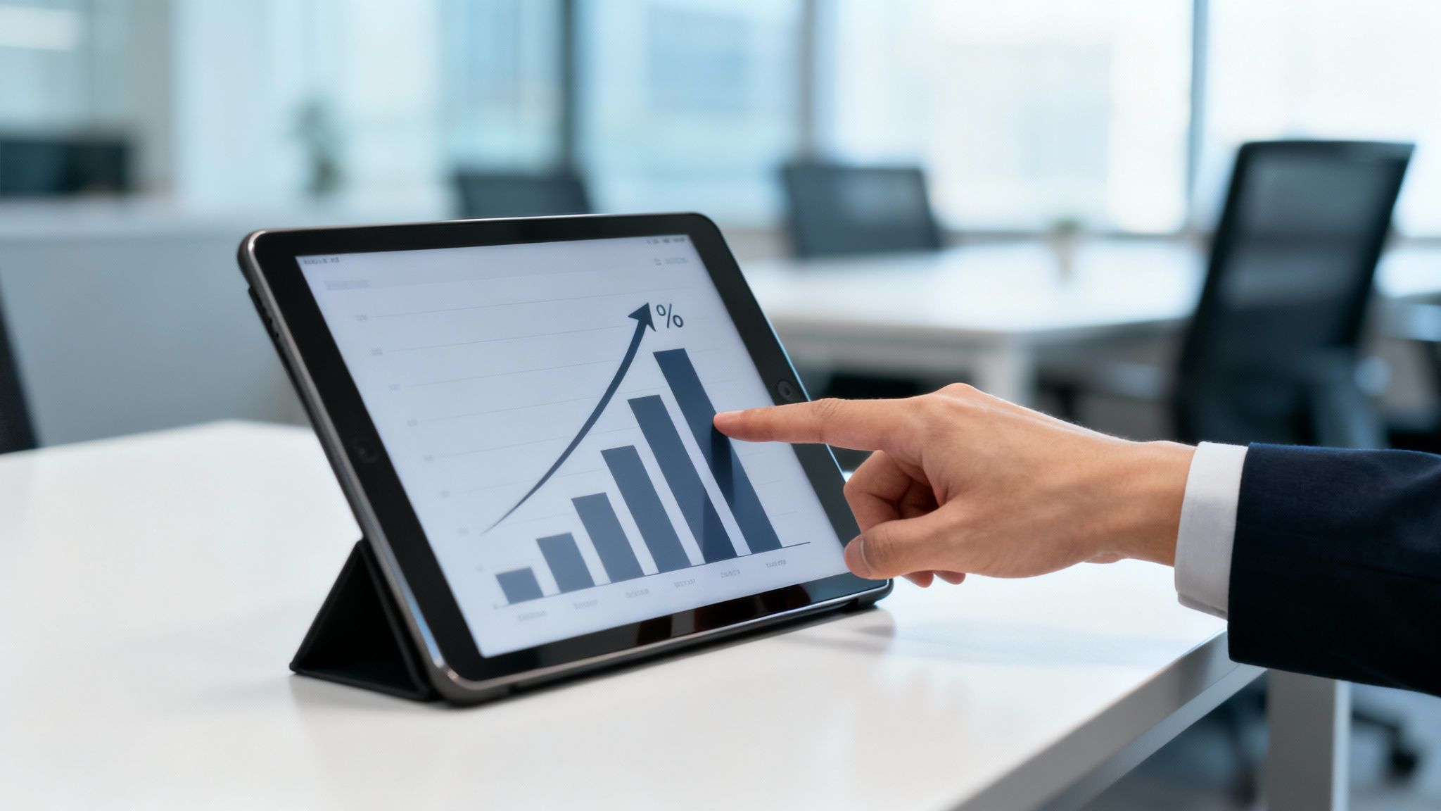 A business professional's hand points at a digital growth chart on a tablet in an office.