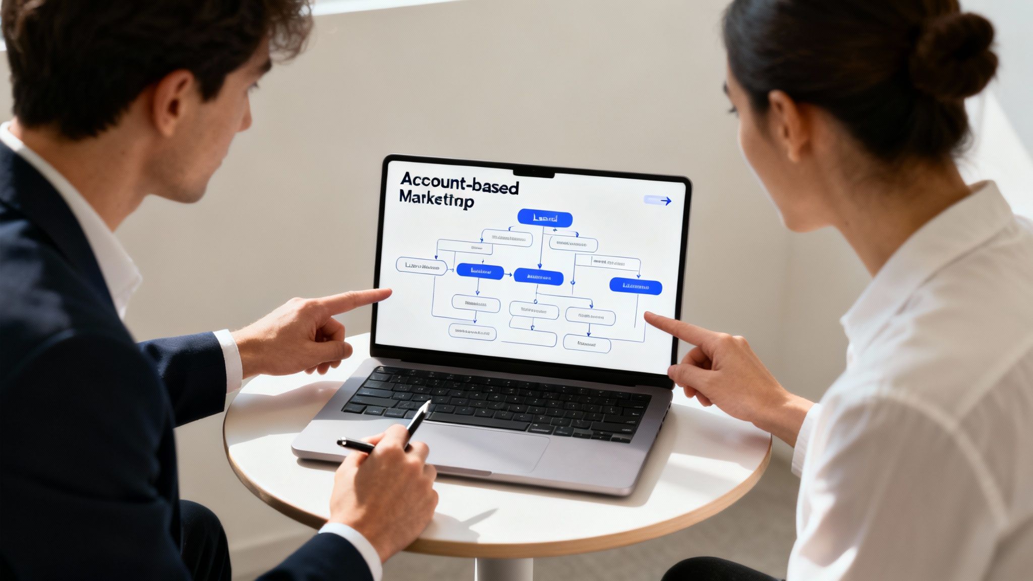 A professional team collaborating on a marketing strategy in a modern office.