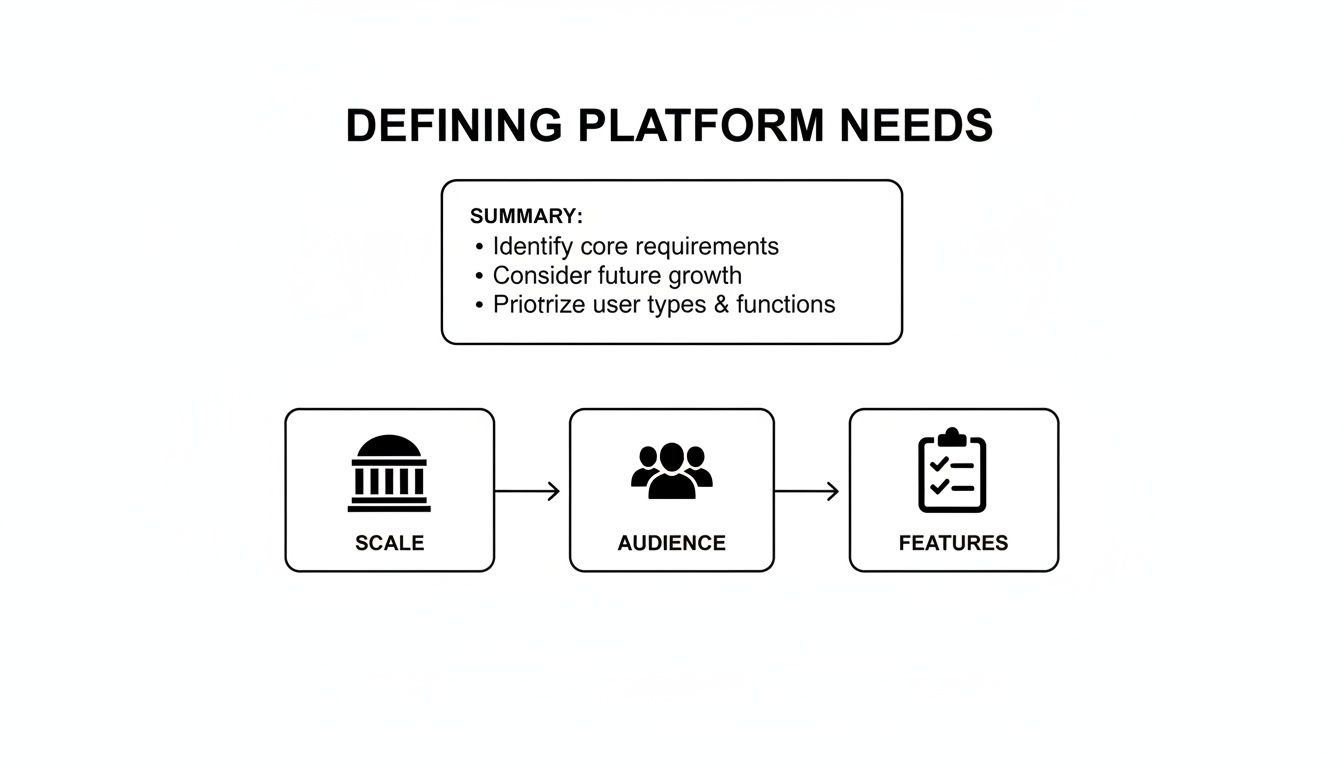 Flowchart outlining the process of defining platform needs, including summary, scale, audience, and features.