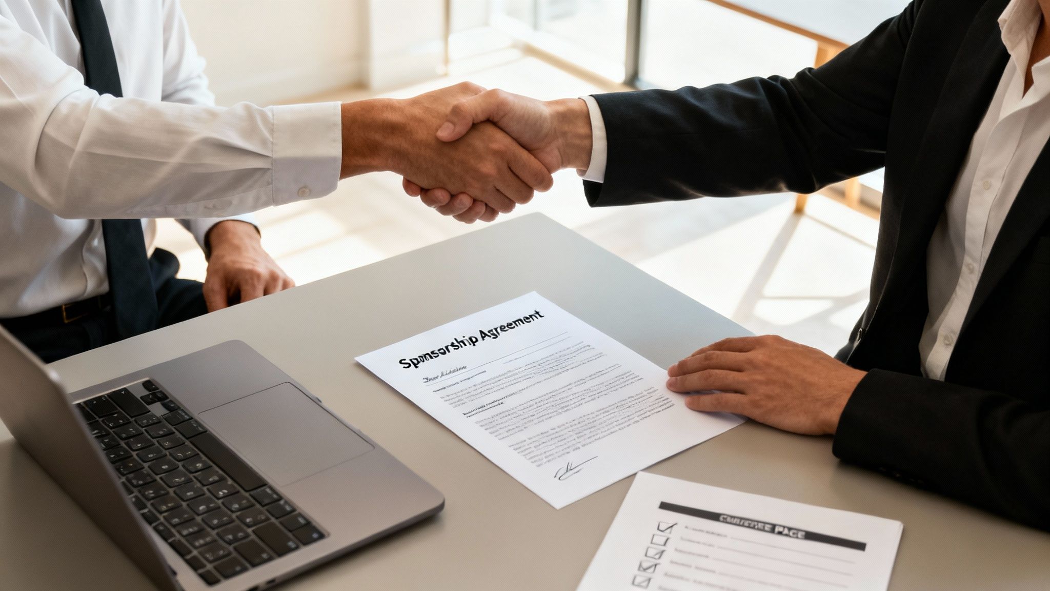 Two businessmen shake hands over a sponsorship agreement document on a modern office desk.
